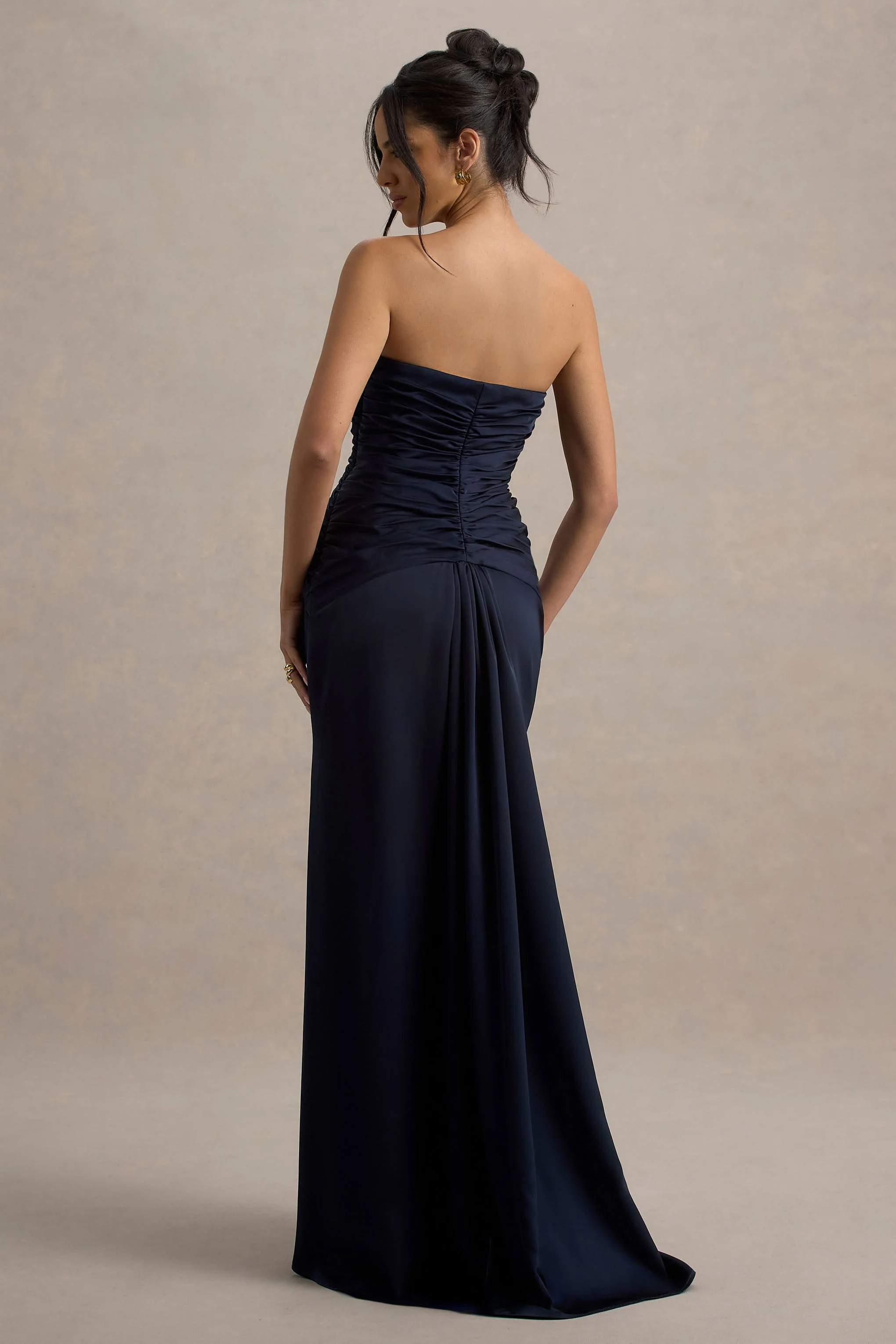 Desirie | Navy Satin Sweetheart Gathered Maxi Dress - Image 2
