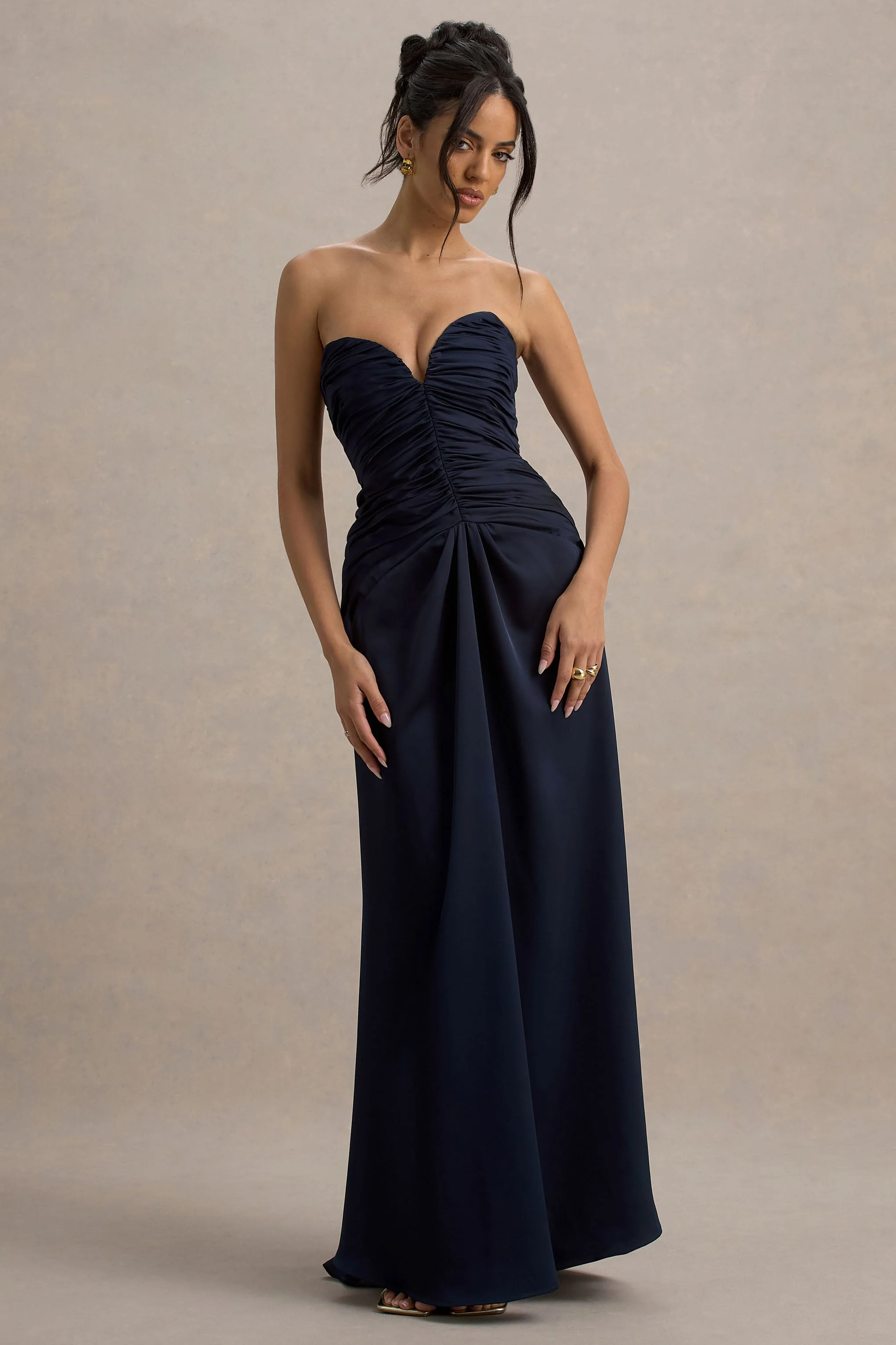 Desirie | Navy Satin Sweetheart Gathered Maxi Dress - Image 4
