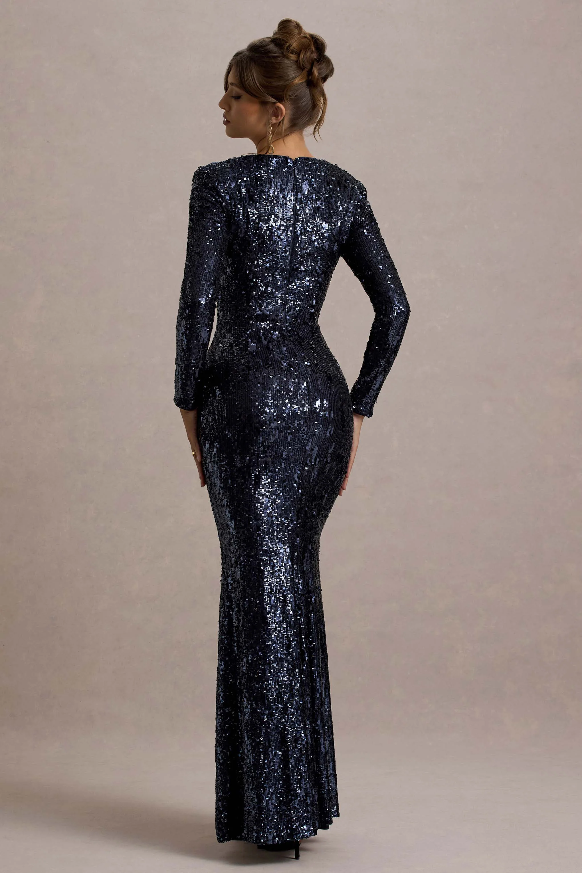 Ensley | Navy Sequin Sweetheart Long-Sleeve Maxi Dress - Image 2
