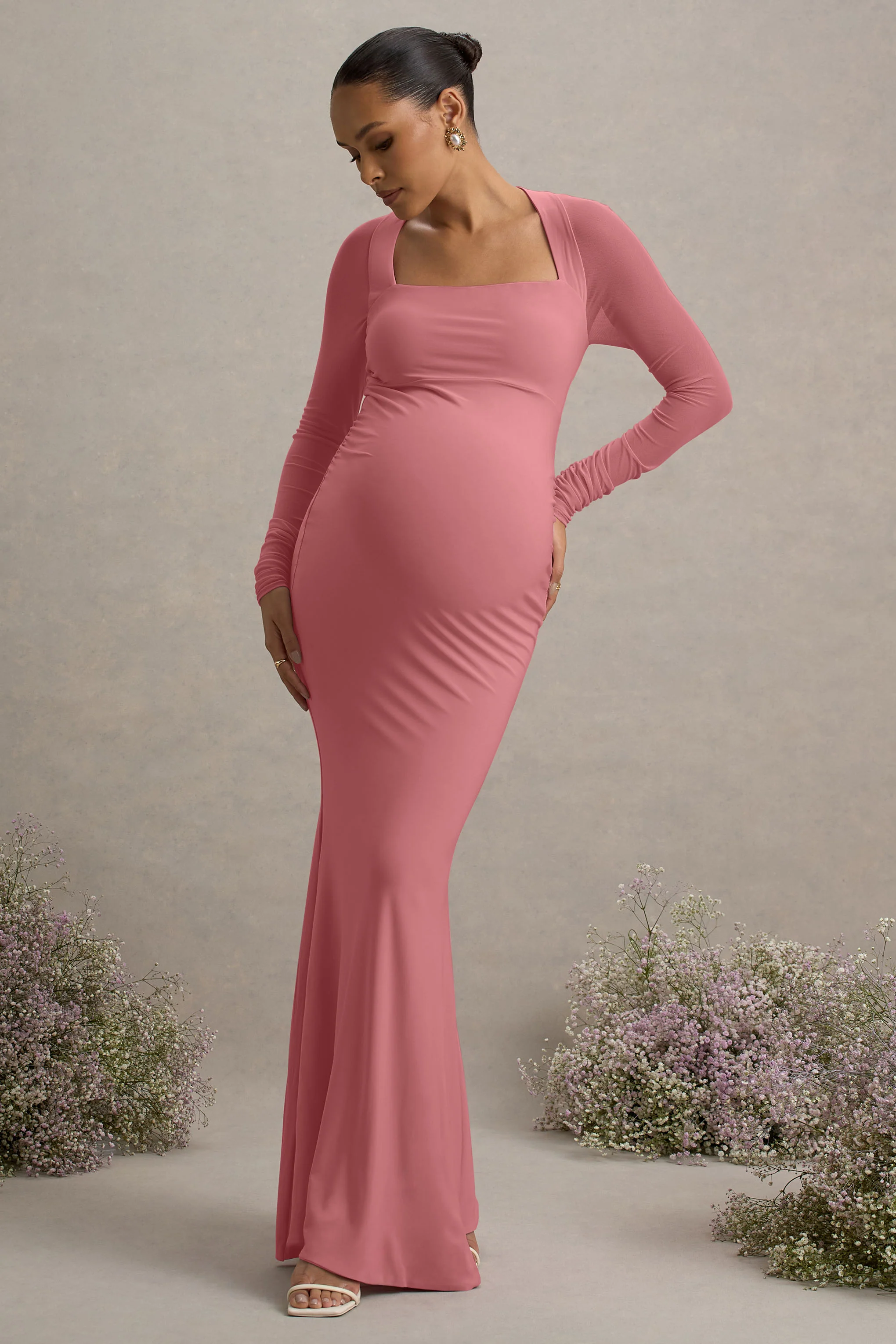 Abeam | Blush Pink Maternity Maxi Dress With Sheer Sleeves - Image 4