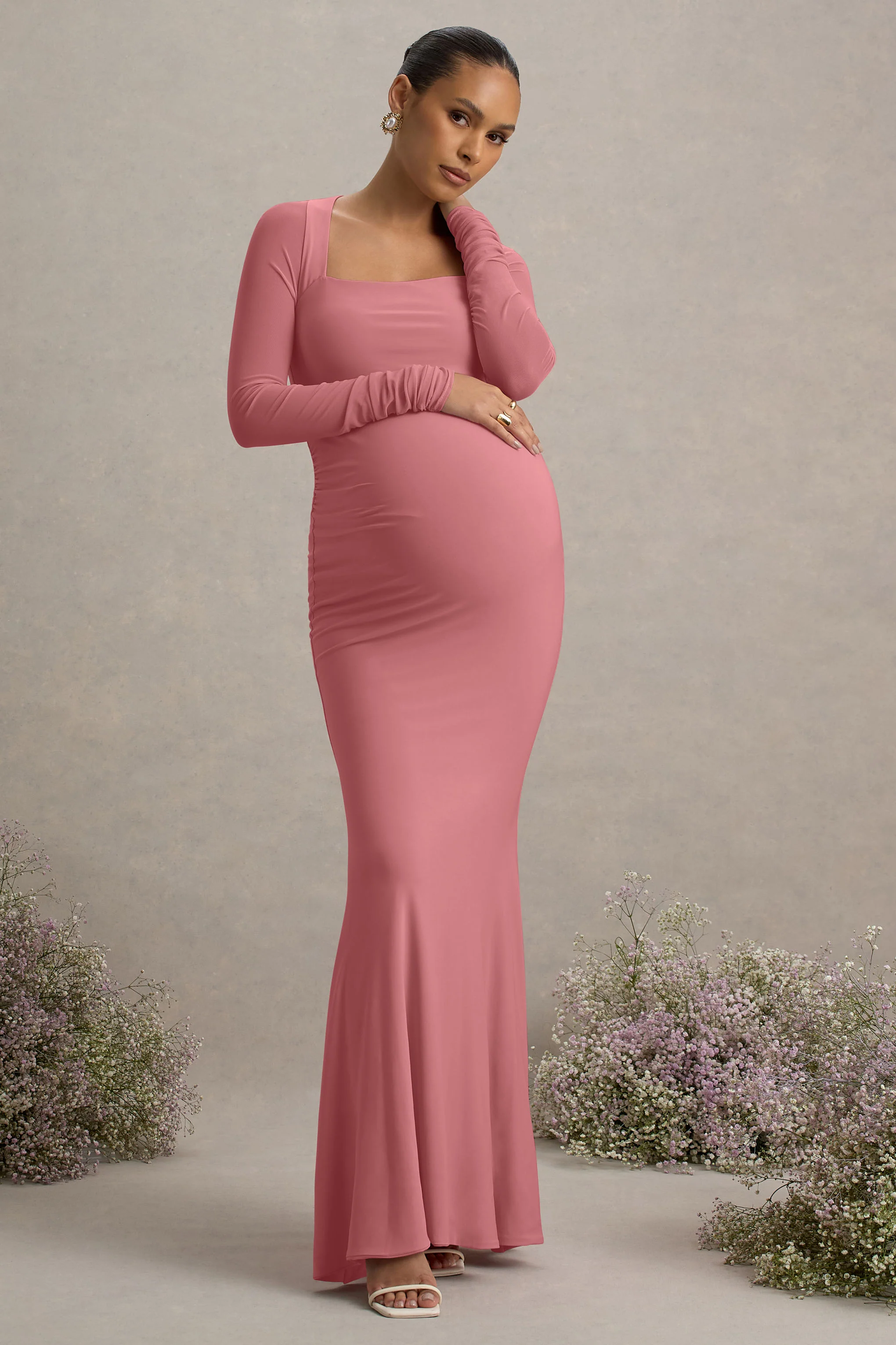 Abeam | Blush Pink Maternity Maxi Dress With Sheer Sleeves - Image 6