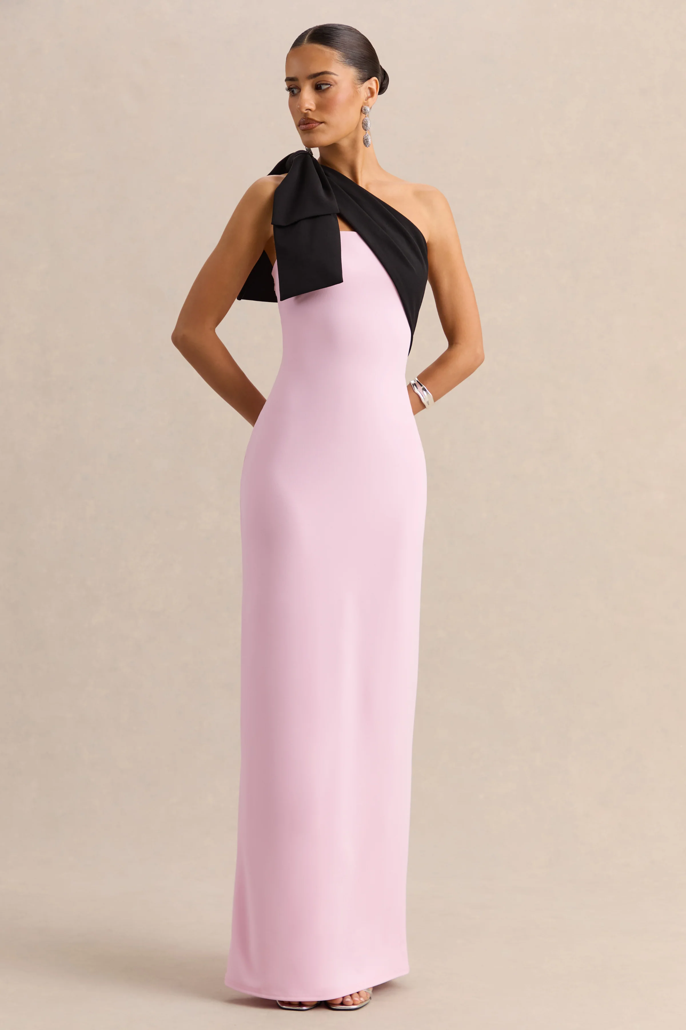Adara | Pink & Black Asymmetric-Neck Maxi Dress With Bow-Detail - Image 5