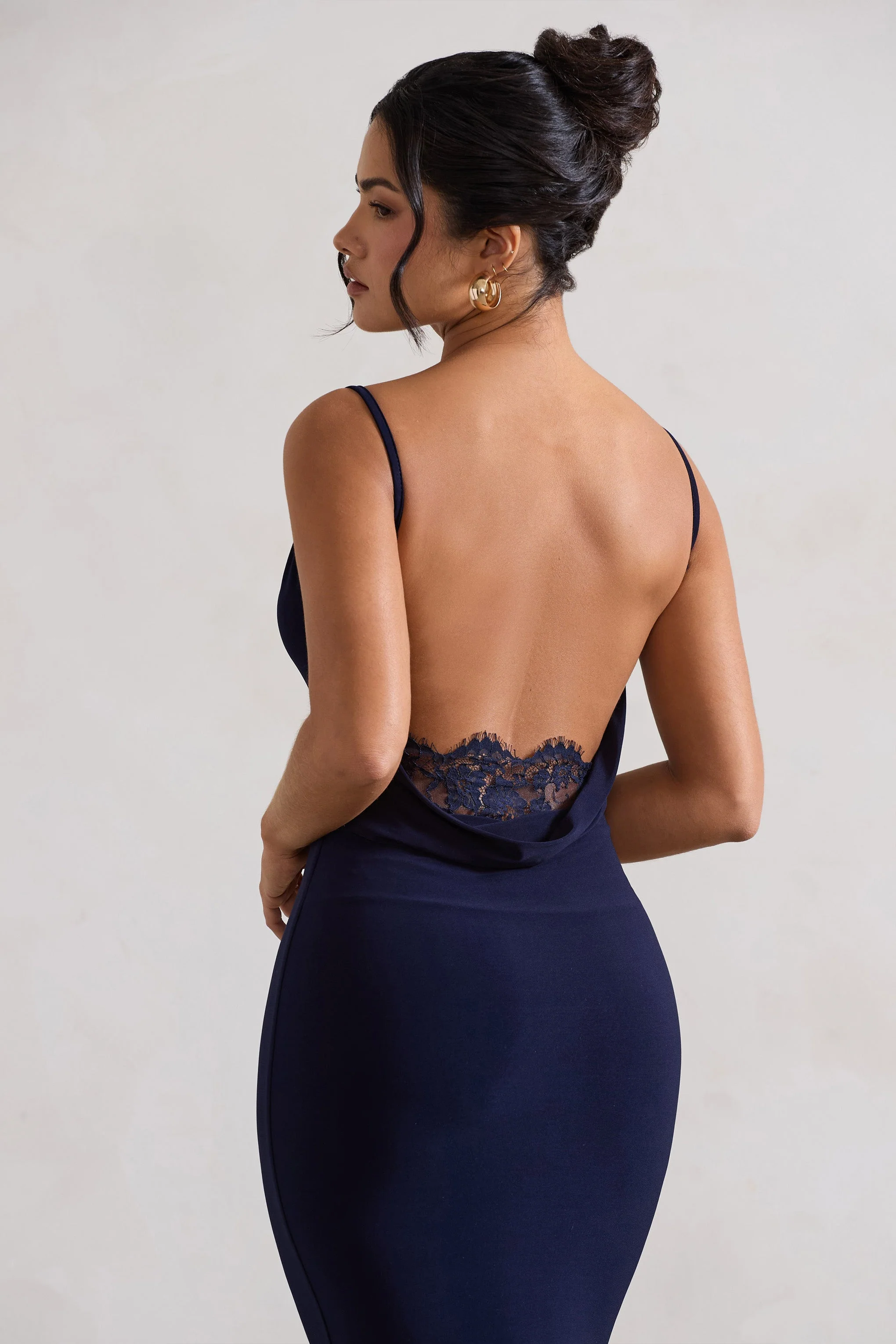 Addison | Navy Cowl-Neck Open-Back Midi Dress With Lace - Image 3
