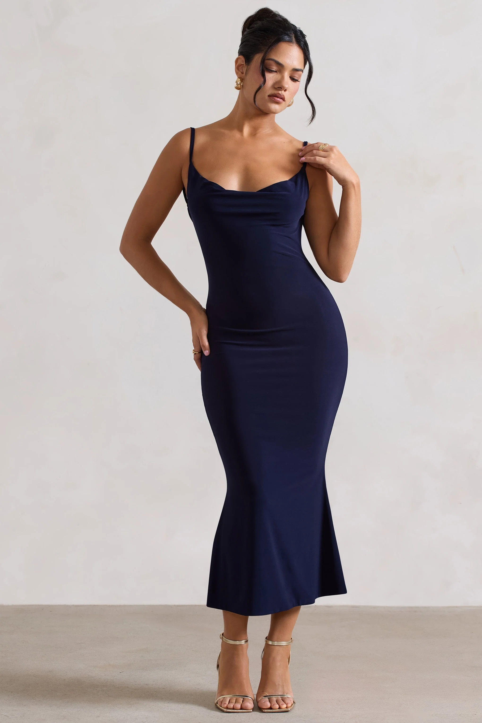 Addison | Navy Cowl-Neck Open-Back Midi Dress With Lace - Image 4