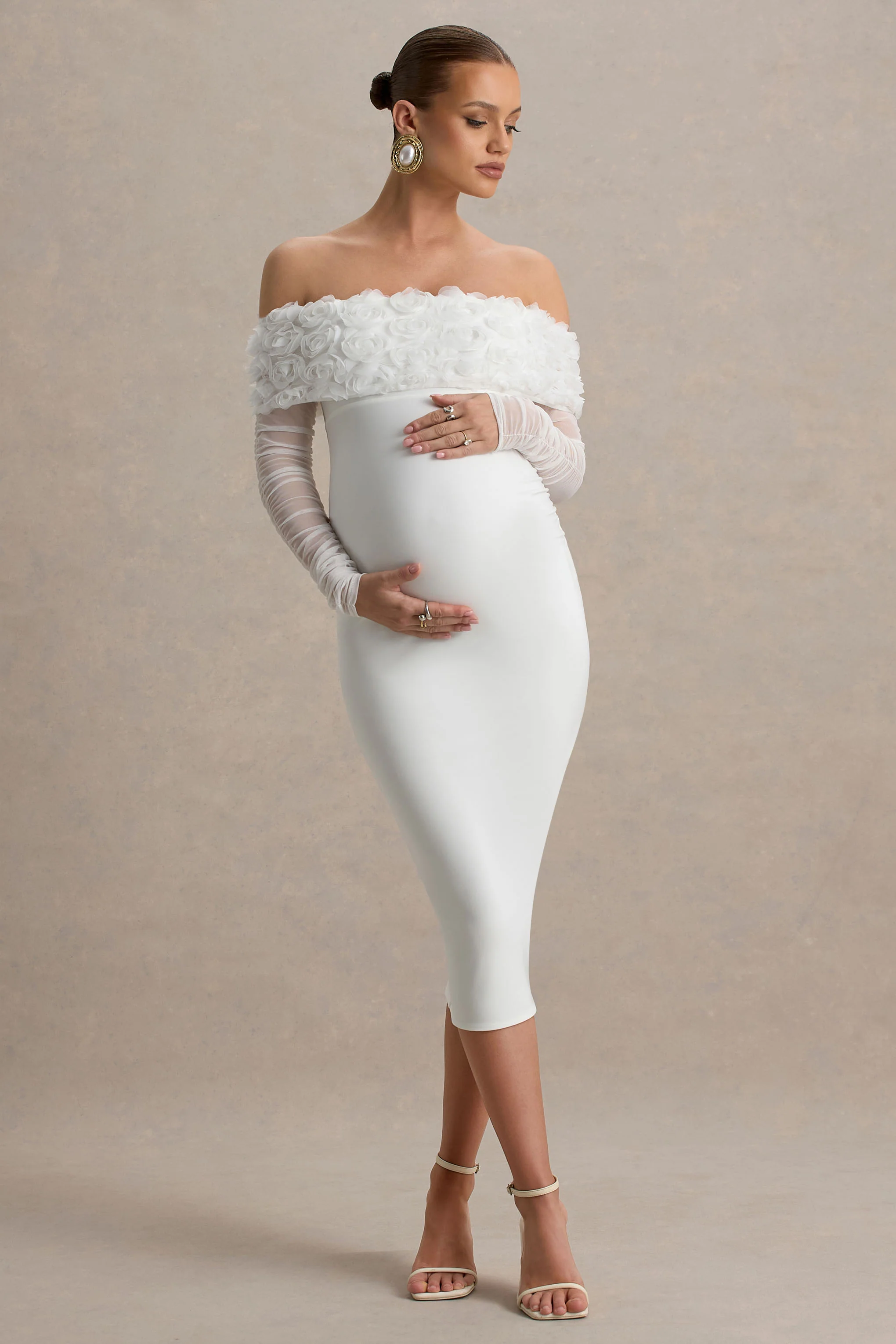 Adita | White Mesh Floral Bardot Maternity Midi Dress - Image 4