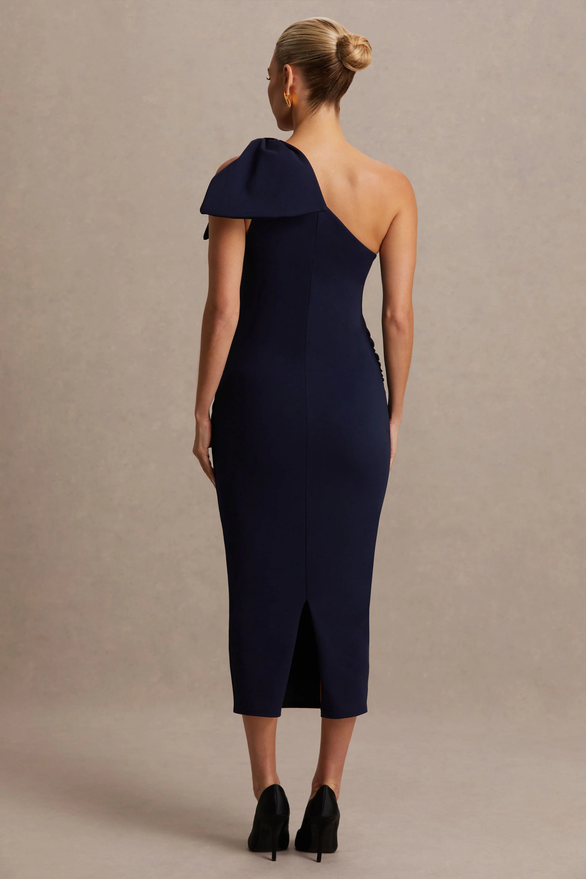 Adorn | Navy Asymmetric Maternity Midi Dress With Shoulder Bow Detail - Image 3