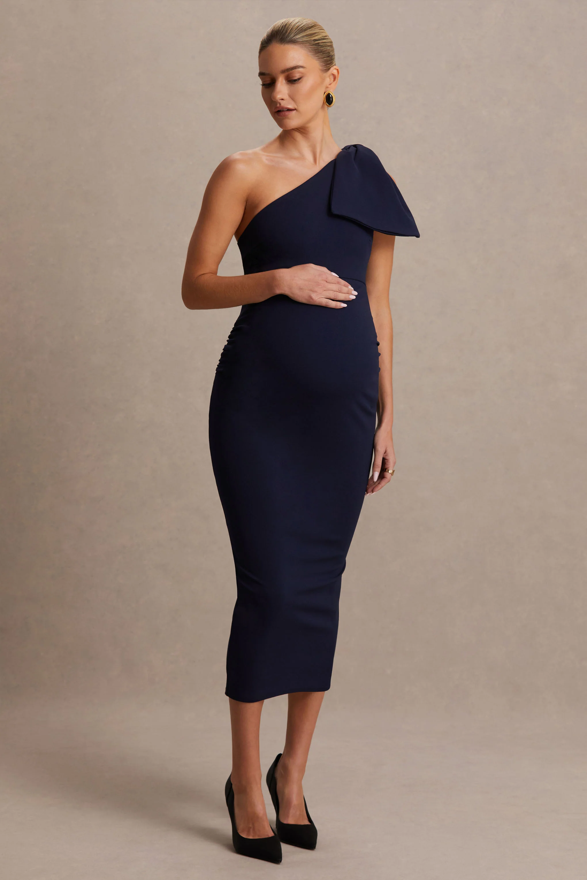 Adorn | Navy Asymmetric Maternity Midi Dress With Shoulder Bow Detail - Image 4