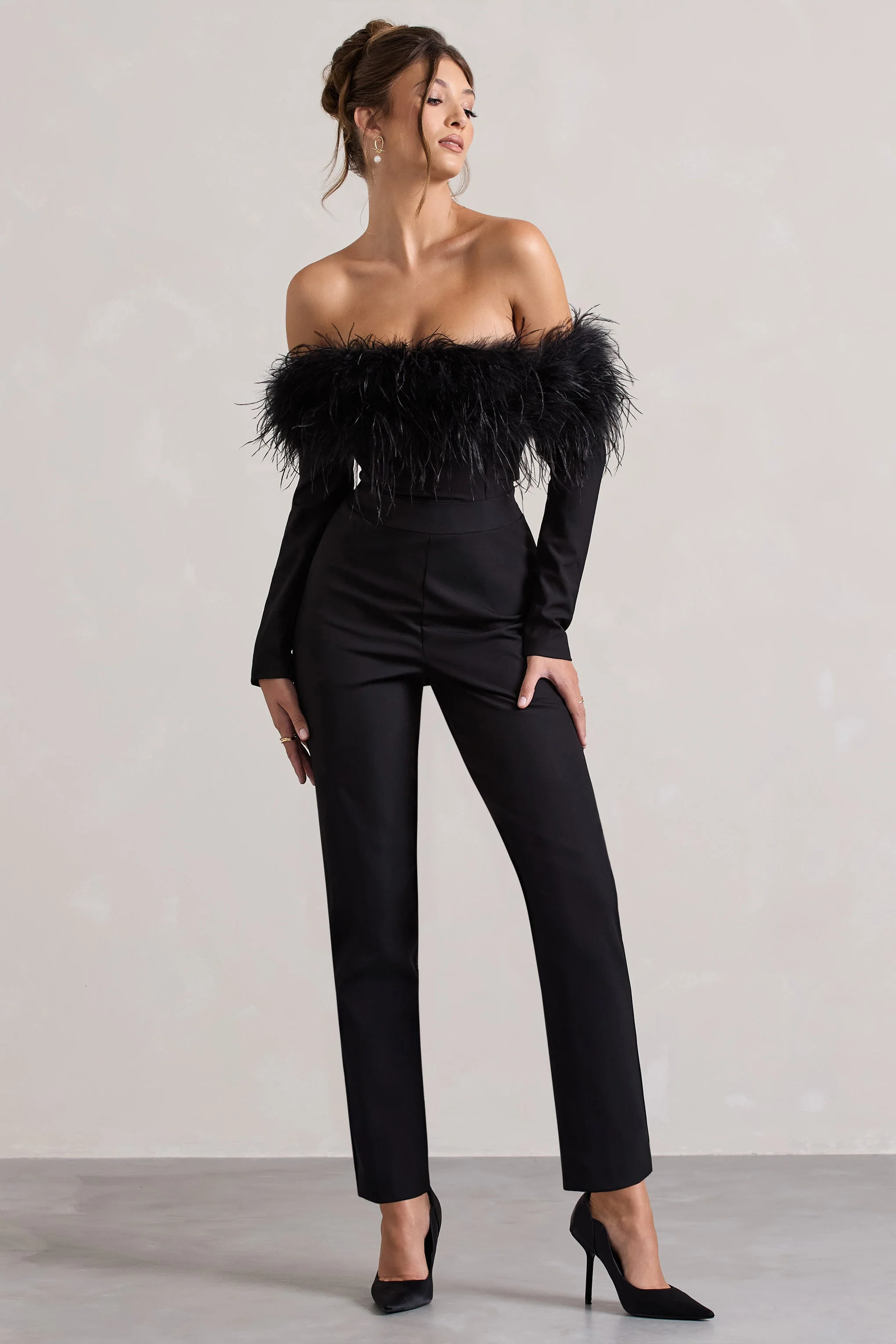 Ales | Black Bardot Tailored Straight-Leg Jumpsuit With Feather Trim - Image 4