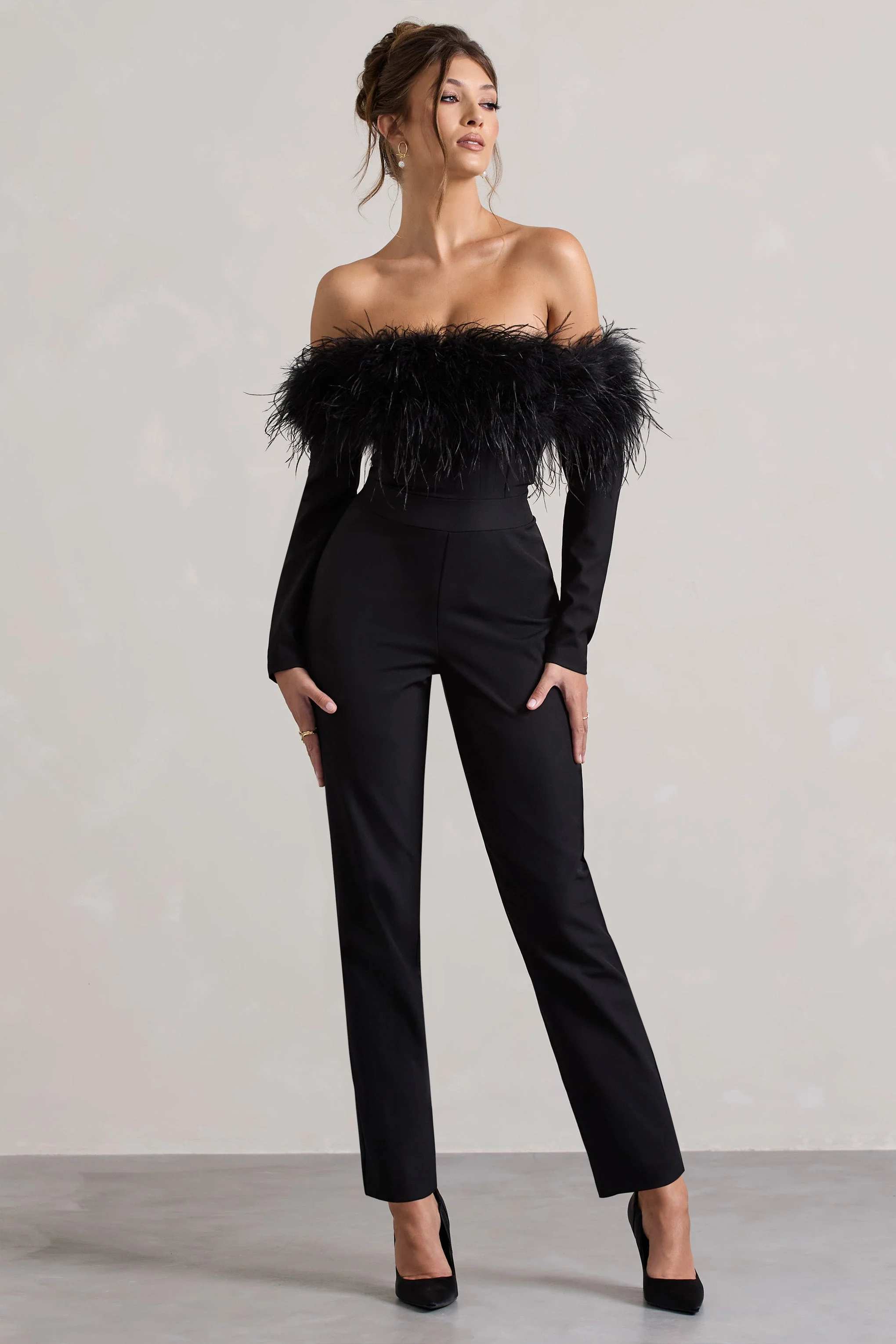 Ales | Black Bardot Tailored Straight-Leg Jumpsuit With Feather Trim - Image 5