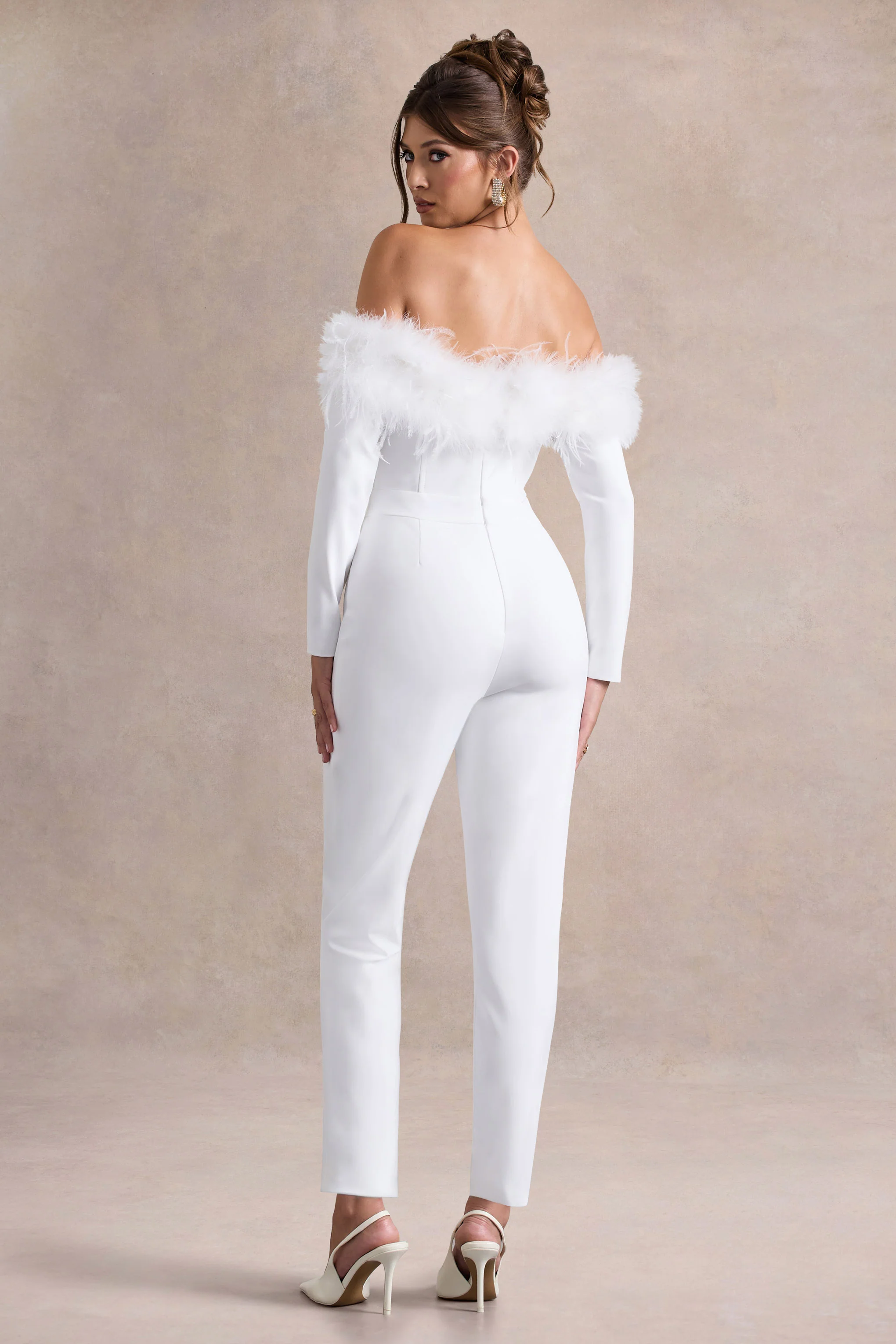 Ales | White Bardot Tailored Straight-Leg Jumpsuit With Feather Trim - Image 2