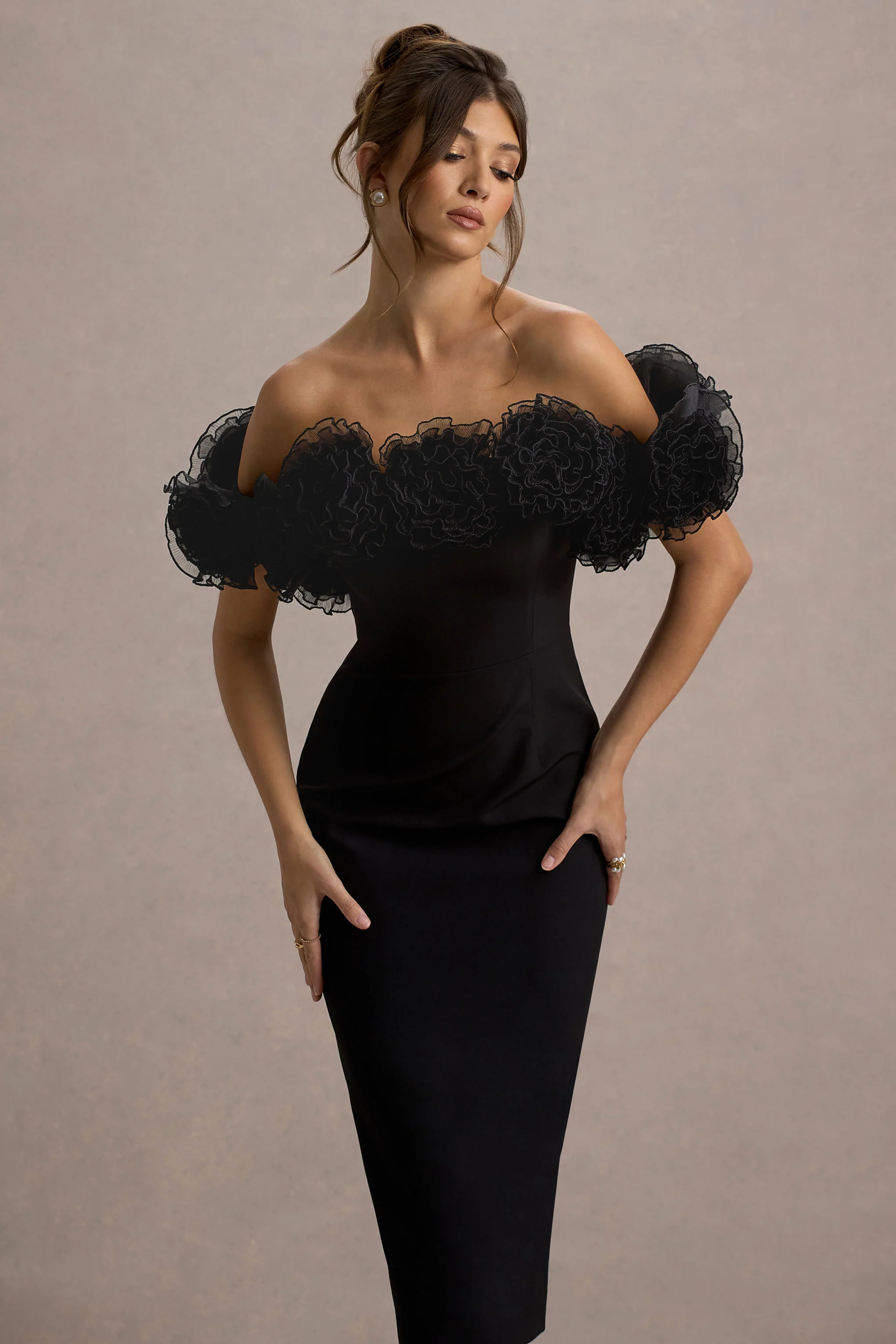 Alizzi | Black Bardot Midi Dress With Ruffle Trim - Image 3