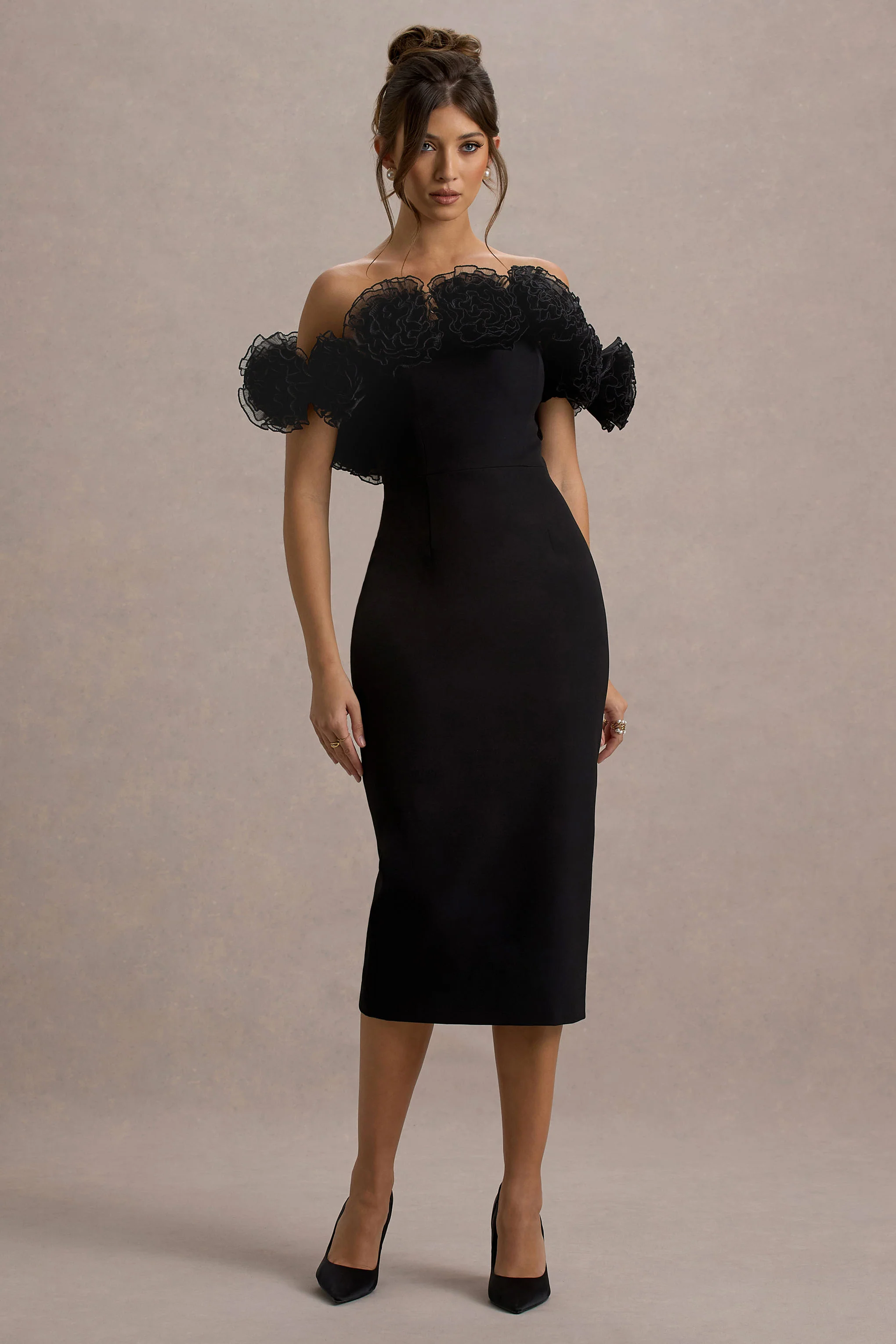 Alizzi | Black Bardot Midi Dress With Ruffle Trim - Image 4
