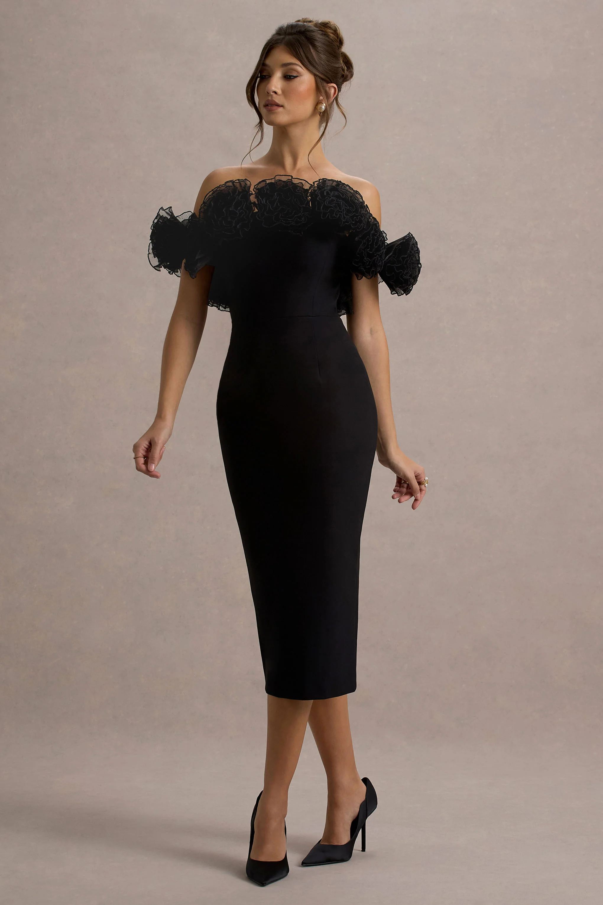 Alizzi | Black Bardot Midi Dress With Ruffle Trim - Image 5