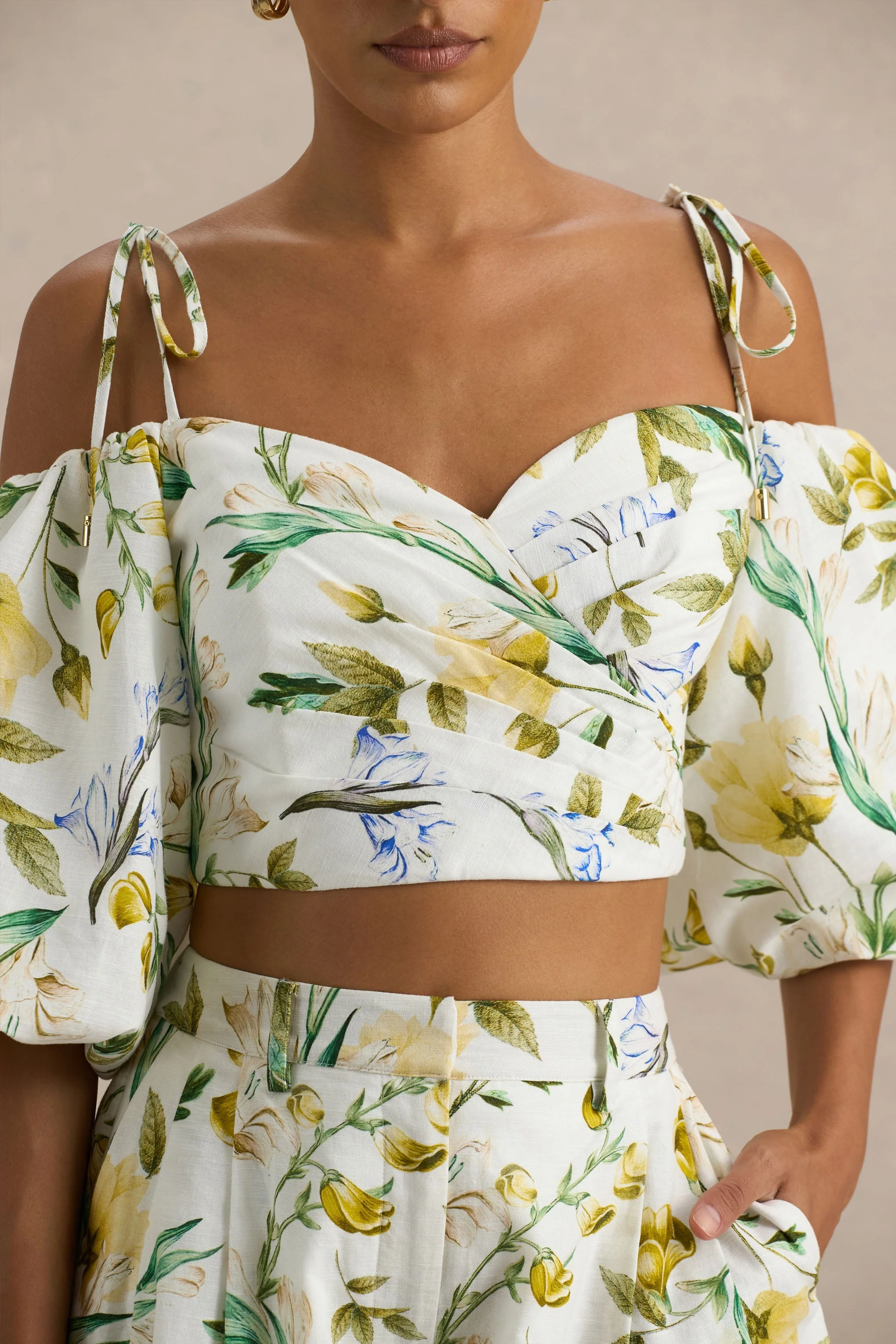 Amberly | Lemon Floral Print Plunge-Neck Ruffled Crop Top - Image 6