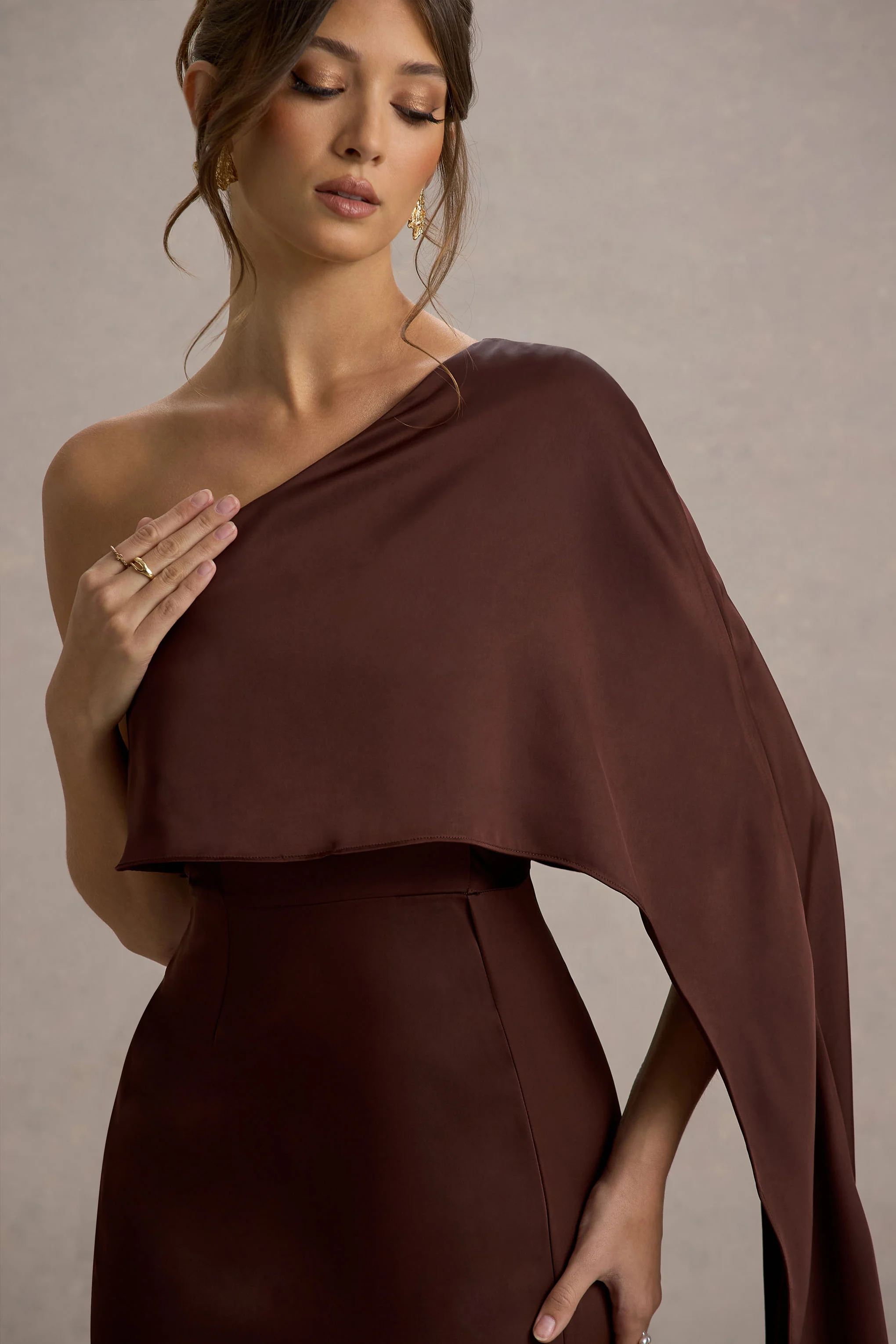 Amora | Brown Satin Asymmetric Cape-Sleeve Split Maxi Dress - Image 7