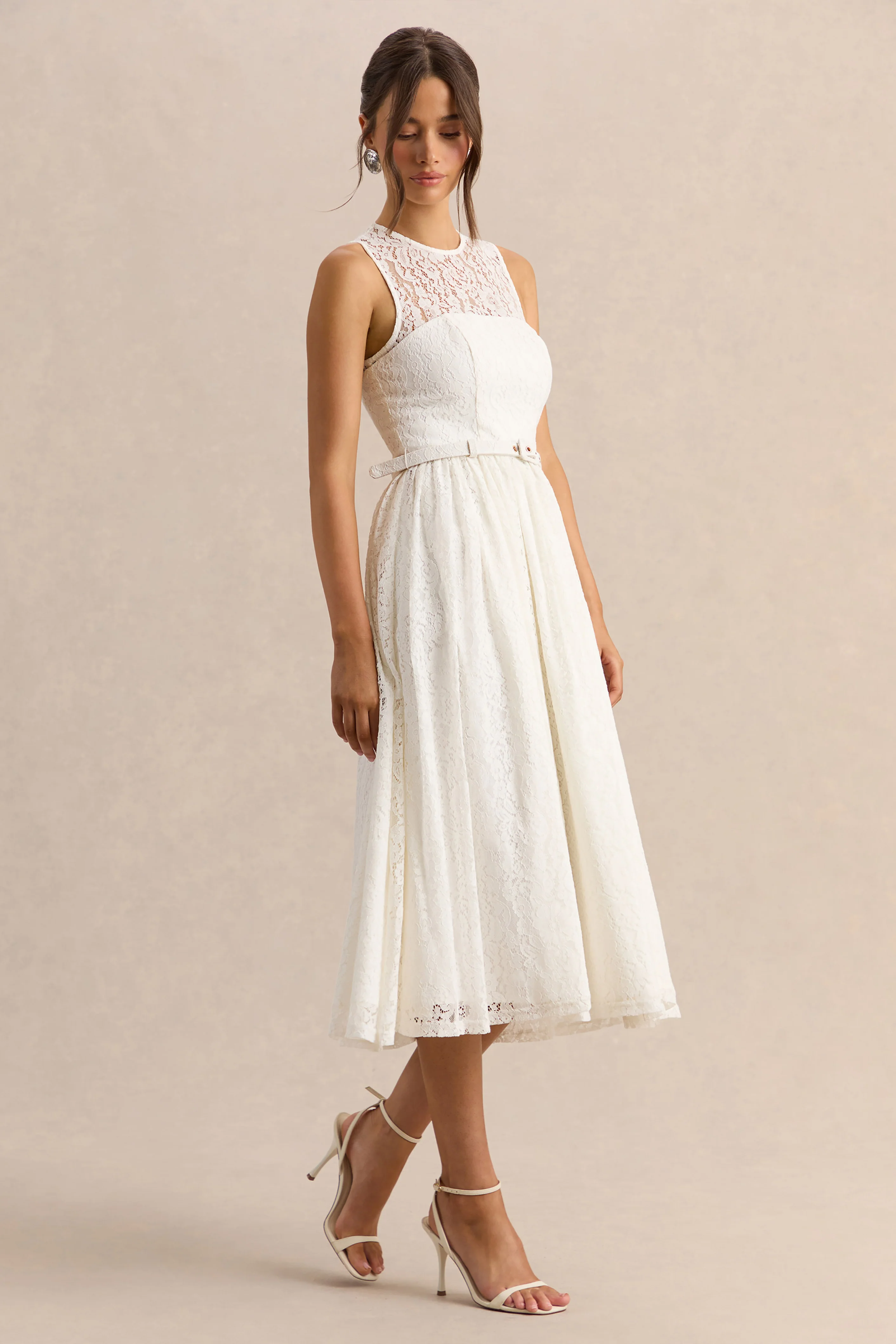 Anabella | White Lace Crew-Neck Belted Midi-Dress - Image 5