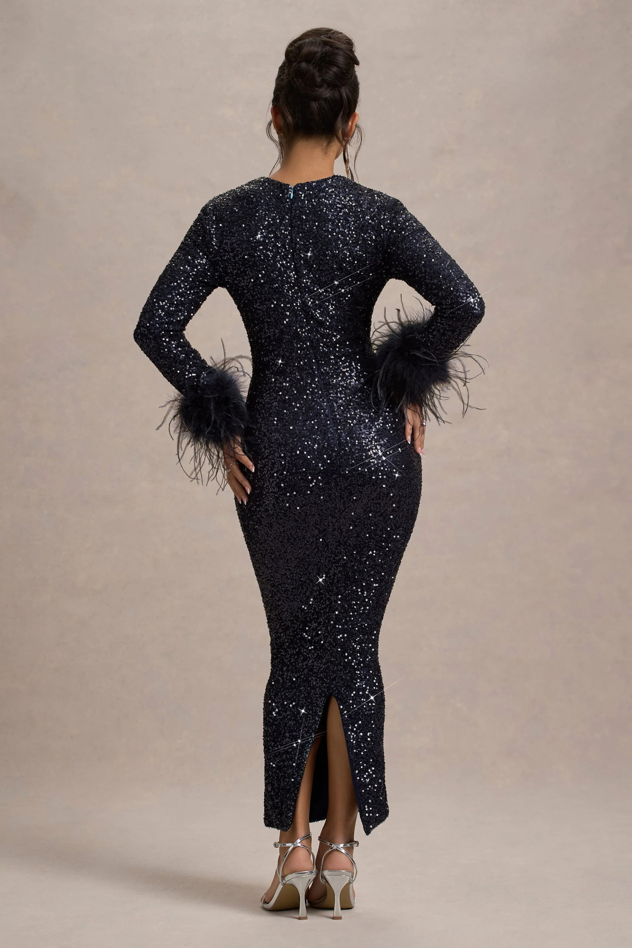 Analina | Navy Sequin Long-Sleeved Midi Dress With Feather Cuffs - Image 2