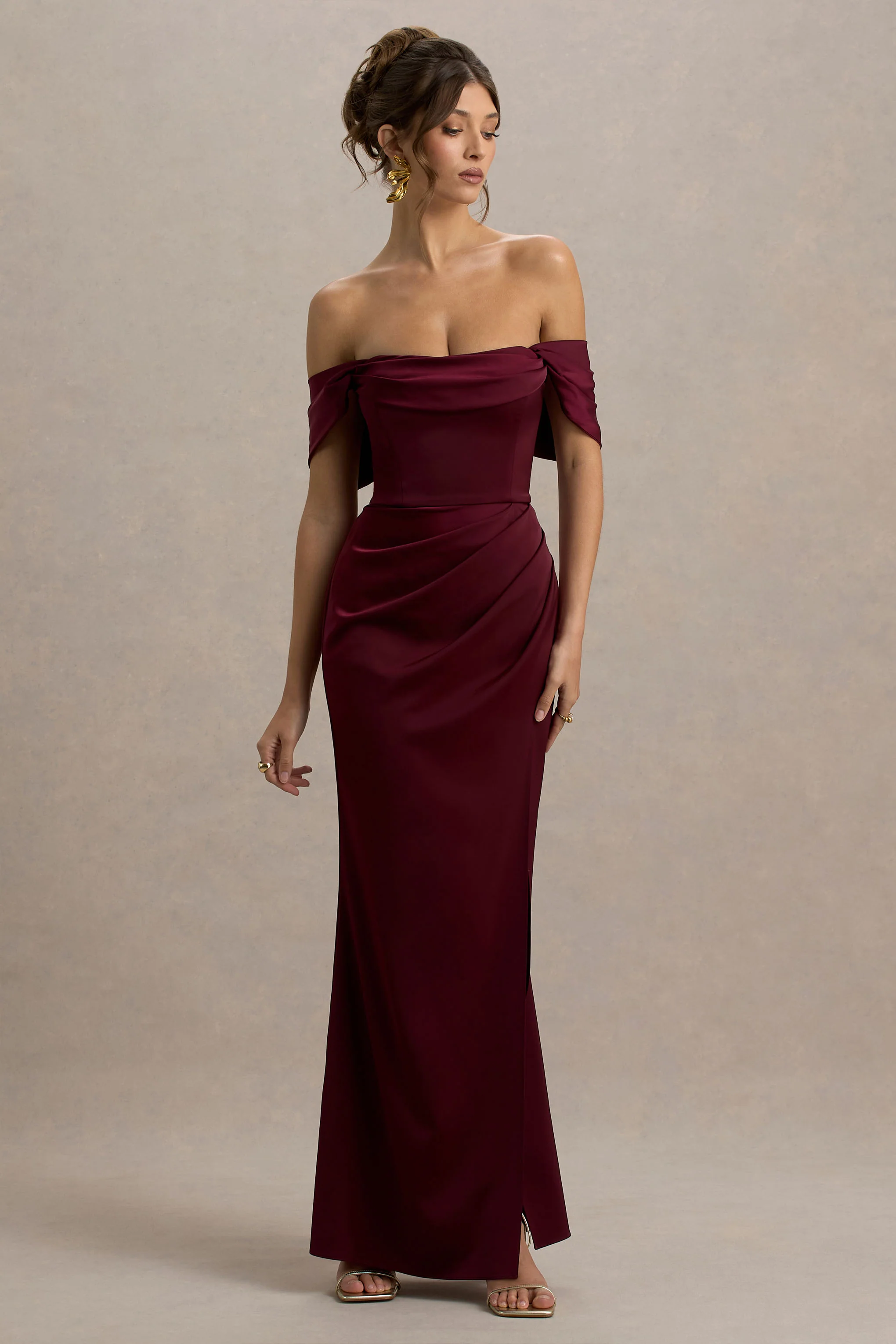 Annie | Burgundy Satin Bardot Maxi Dress With Split Wrap Skirt - Image 5