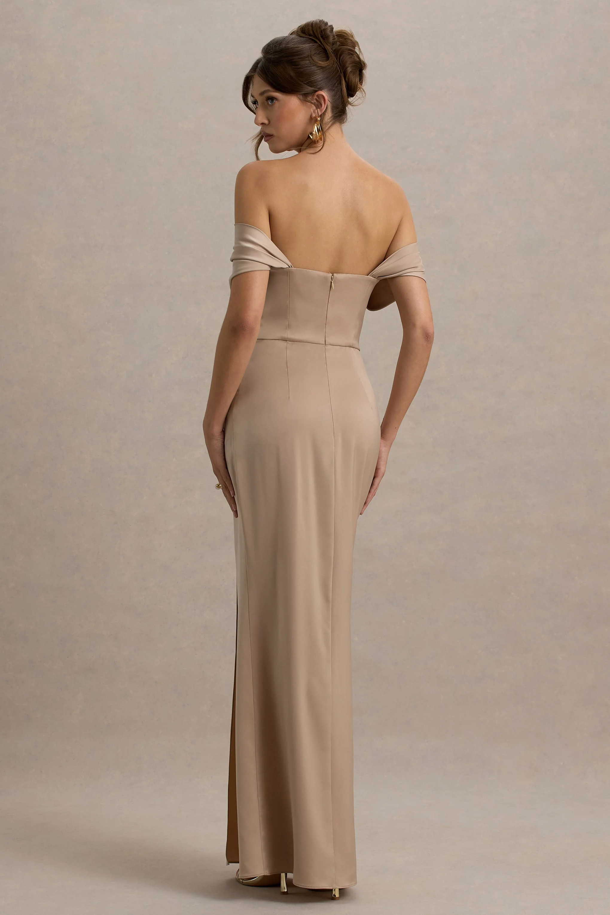 Annie | Champagne Satin Bardot Maxi Dress With Split Wrap Skirt - Image 2