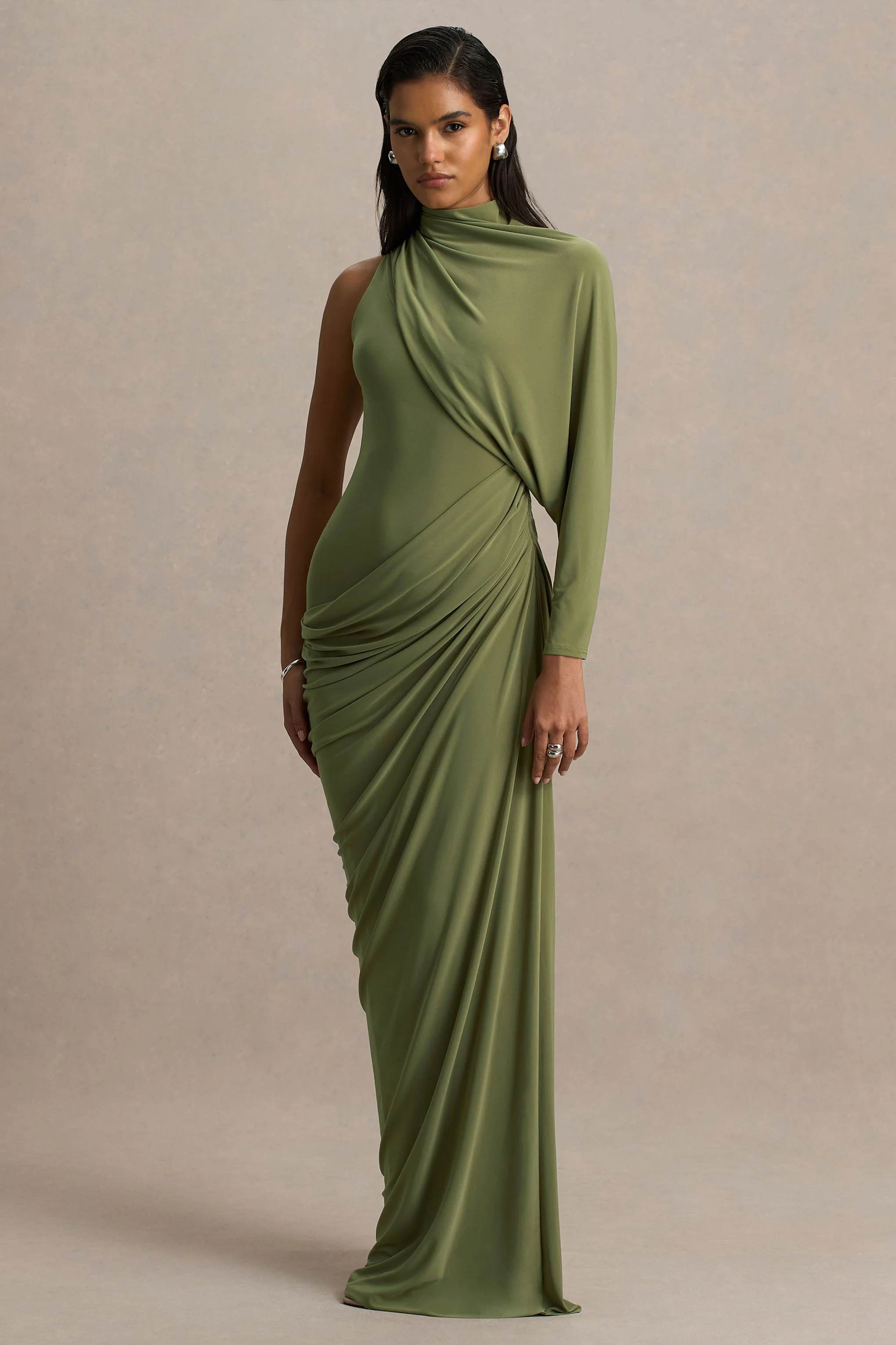 Aphra | Green High-Neck Maxi Dress With Cape-Sleeve - Image 4