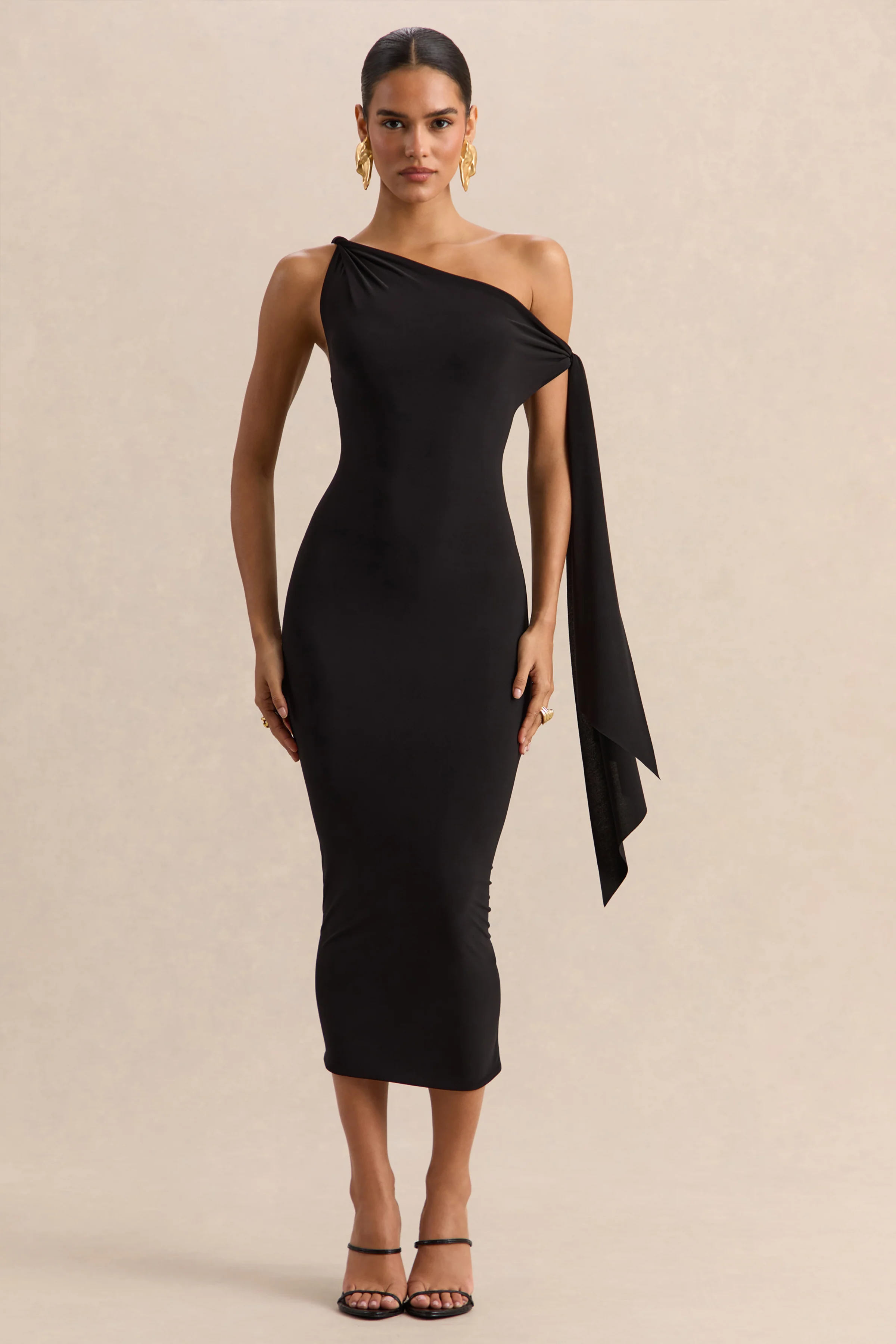 Arcelia | Black Asymmetric-Neck Midi Dress With Knot-Sleeve Detail