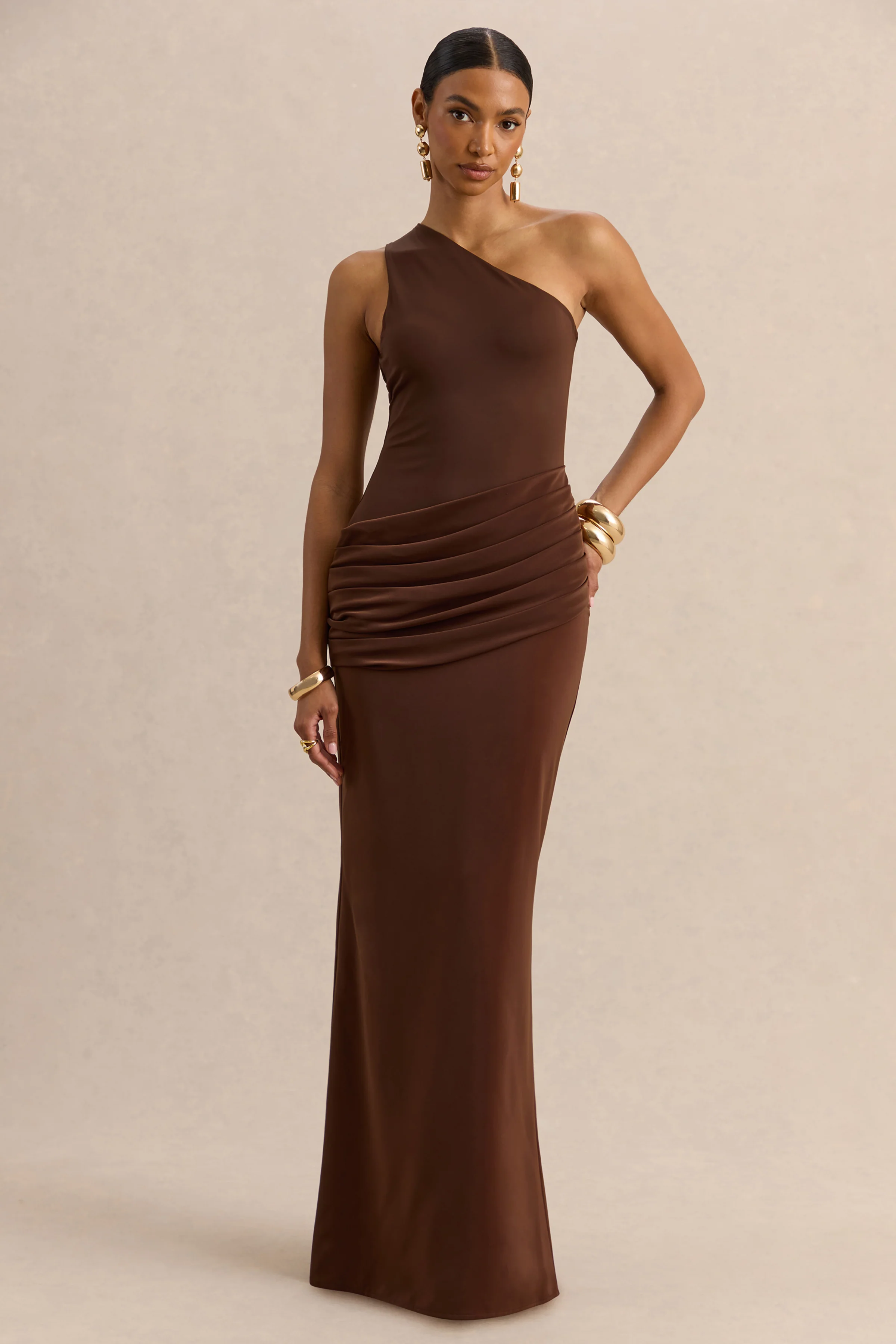 Arovia | Brown Satin Asymmetric-Neck Maxi Dress With Draped-Detail - Image 4