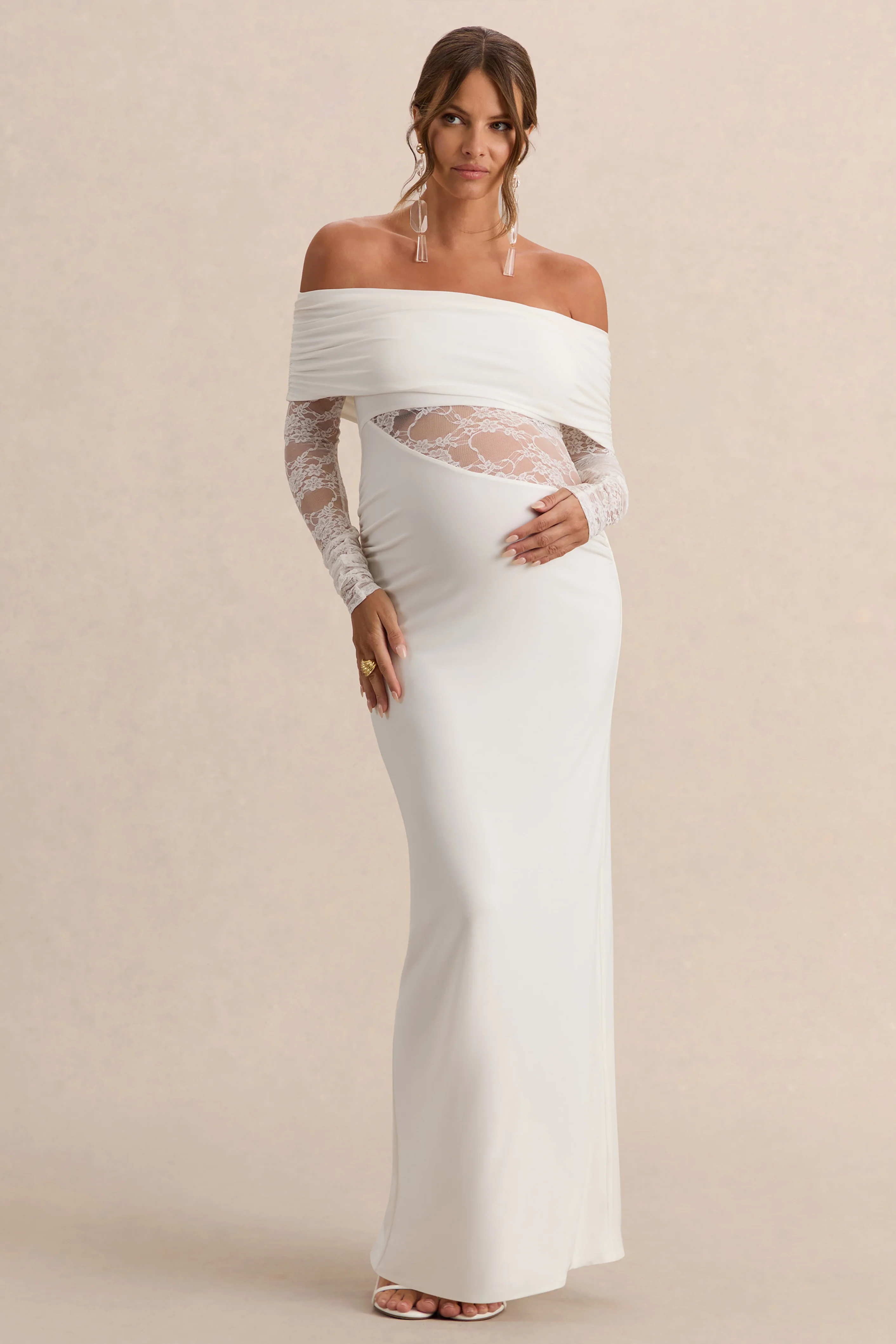 Artemisia | White Bardot-Neck Maternity Maxi Dress With Lace Detailing - Image 4