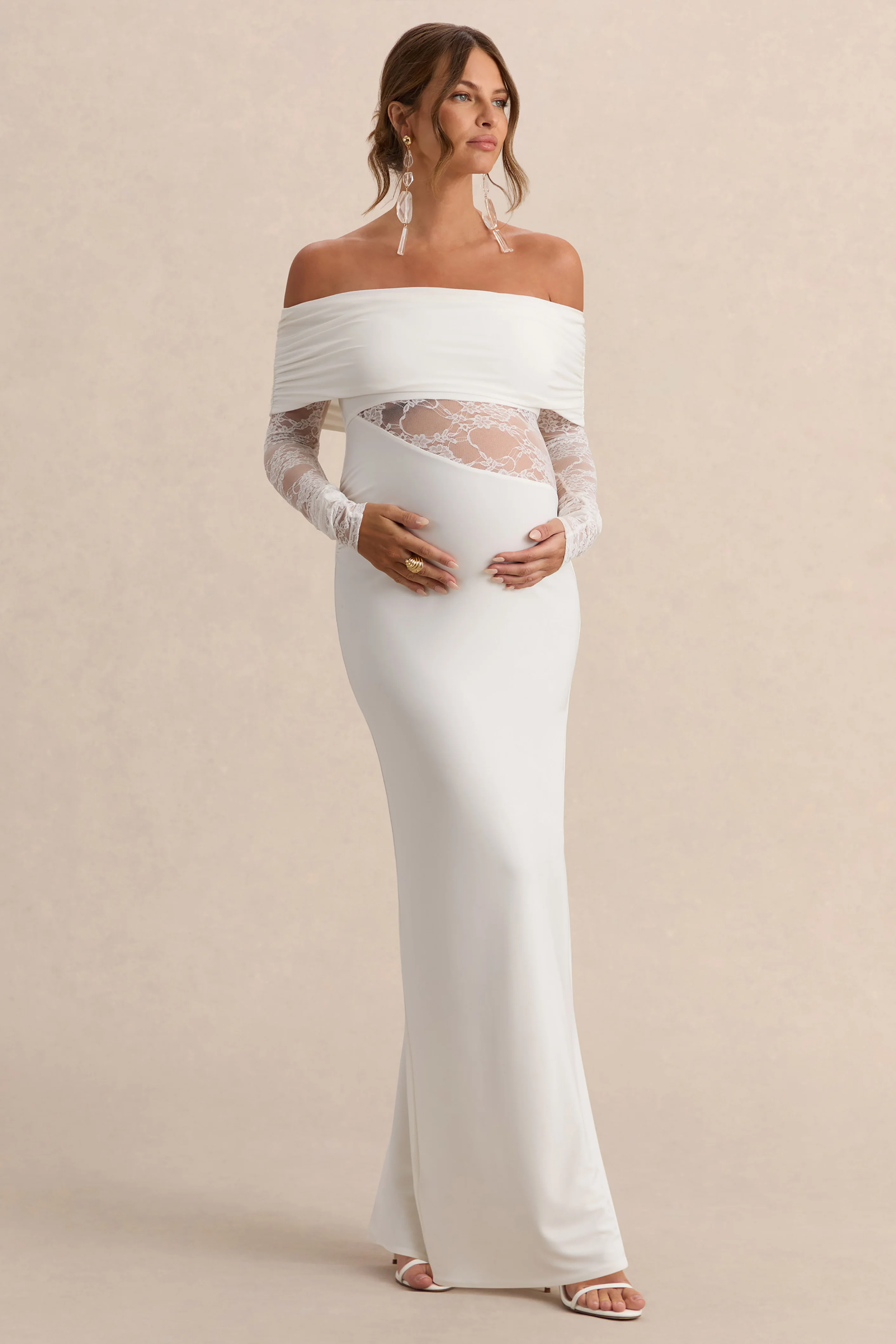 Artemisia | White Bardot-Neck Maternity Maxi Dress With Lace Detailing - Image 5