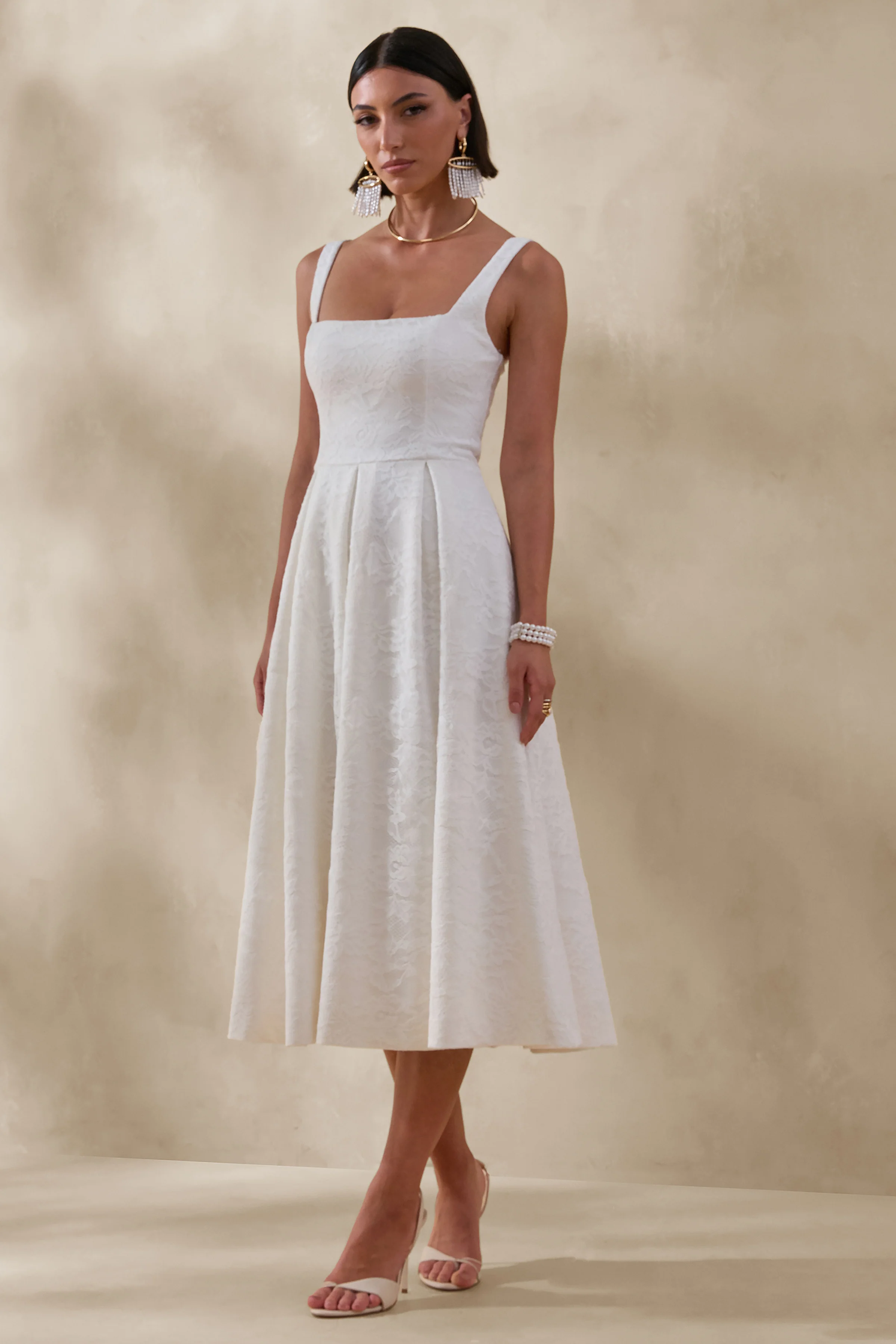 Ashmara | White Lace Square-Neck Midi Dress - Image 4