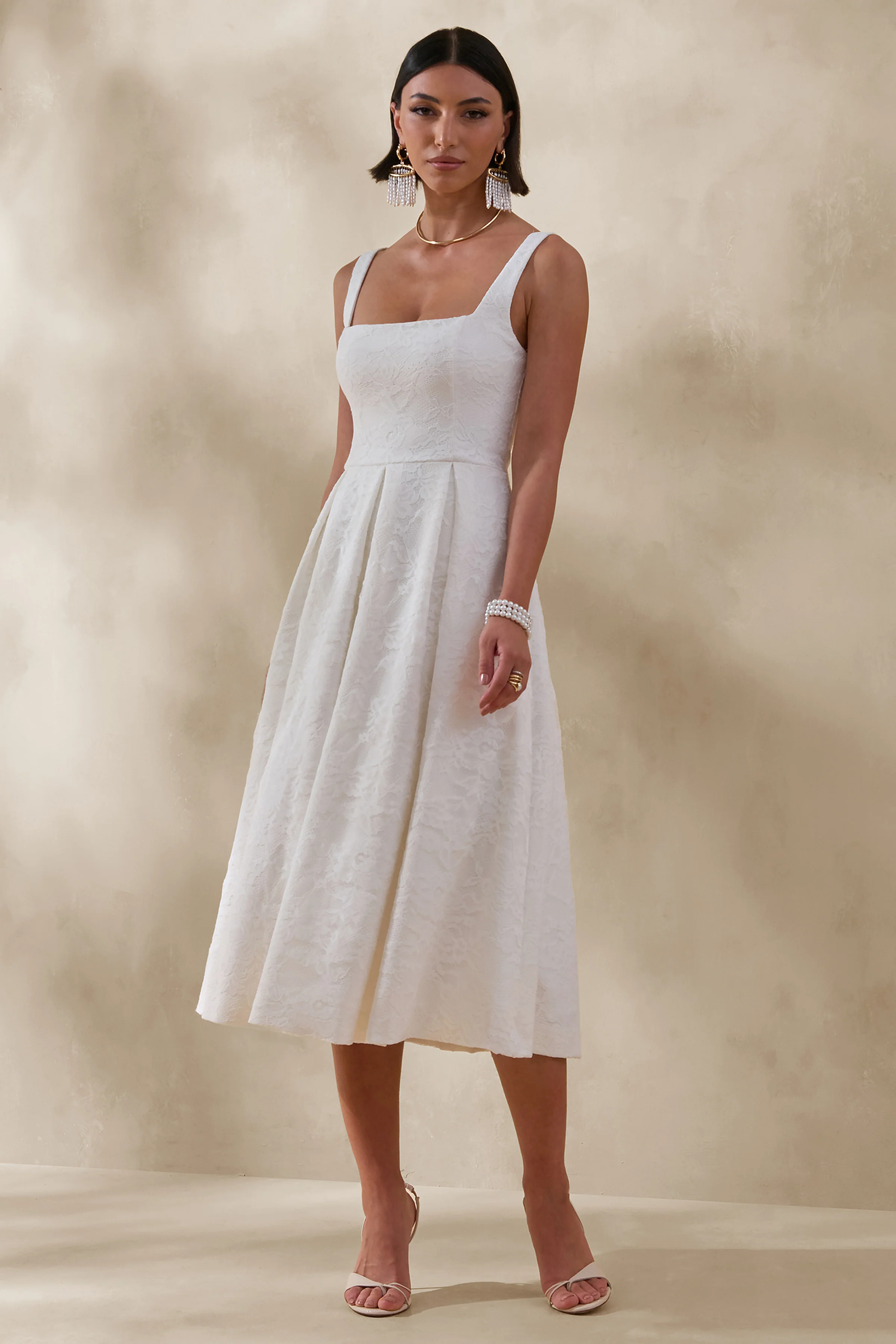 Ashmara | White Lace Square-Neck Midi Dress - Image 5