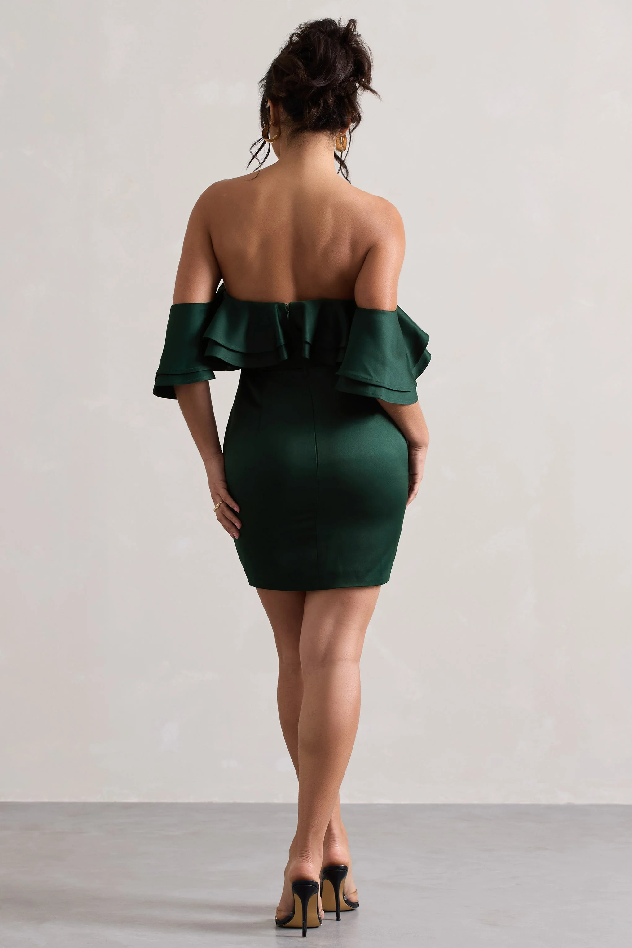 Aspen | Bottle Green Bardot Mini Dress With Ruffles - Image 2