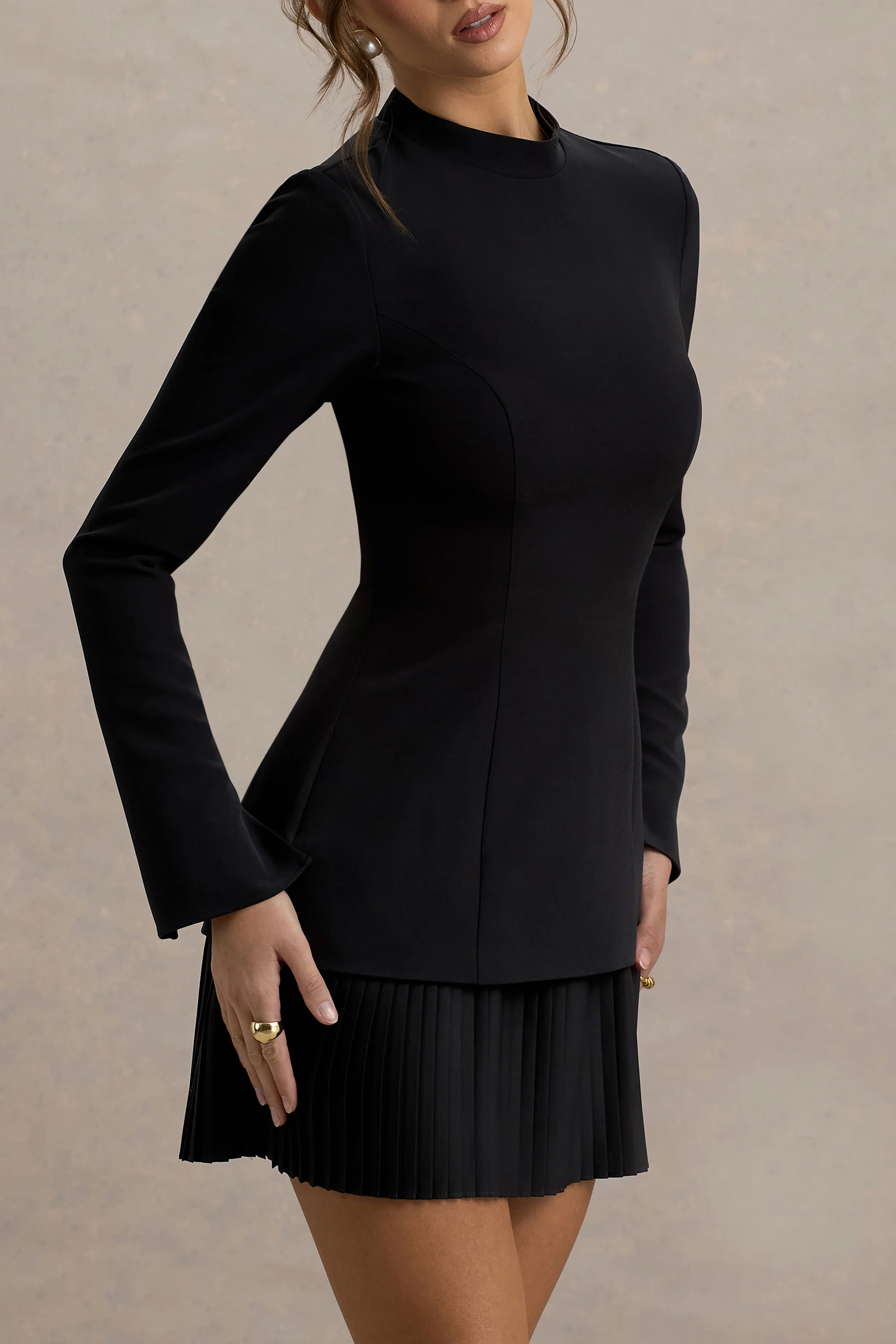 Athena | Black Long-Sleeve Mini Dress With Pleated Hem - Image 3