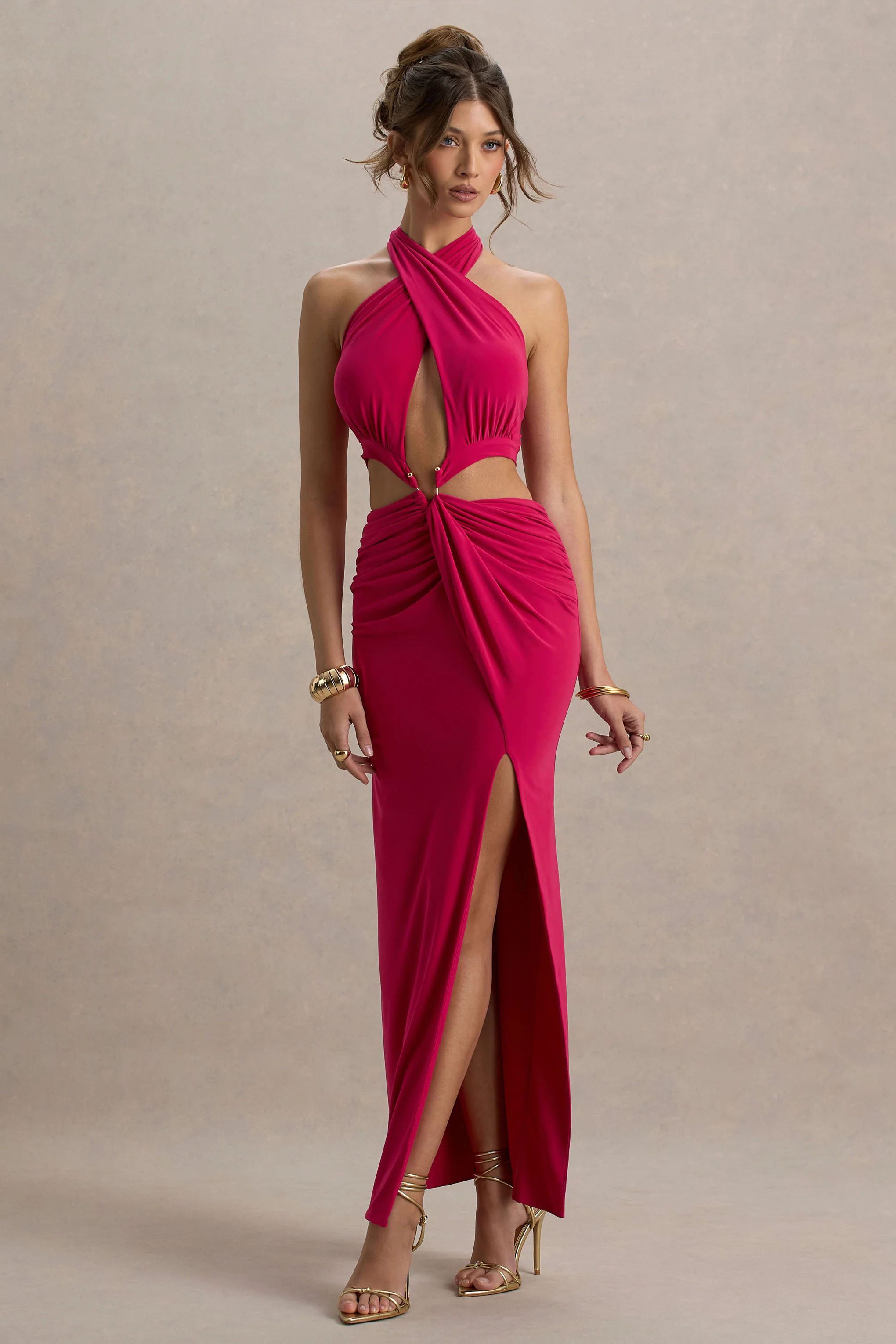 Aura | Hot Pink Halter-Neck Cut-Out Split Maxi Dress - Image 4