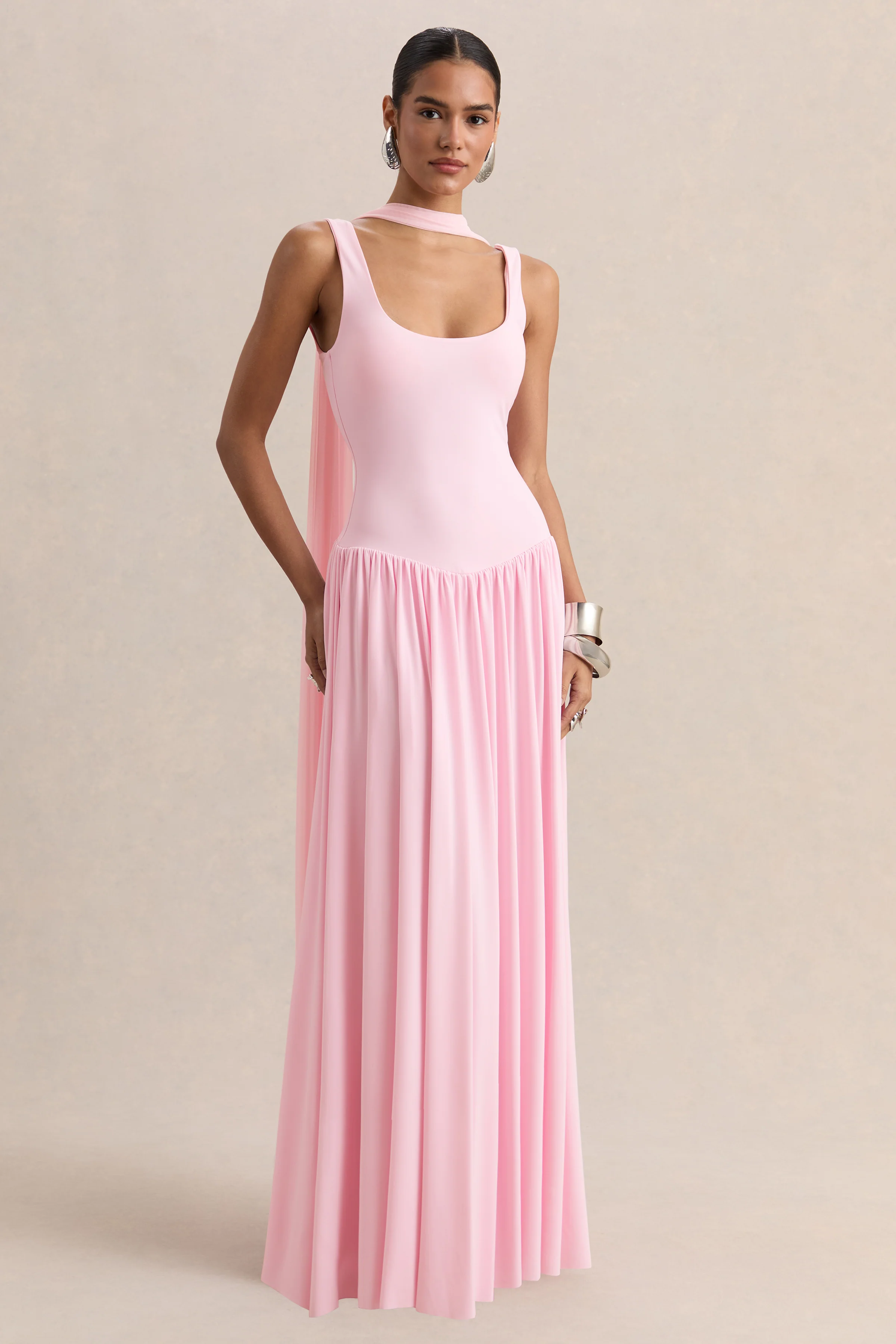 Aurina | Pink Square-Neck Maxi Dress With Scarf-Detail