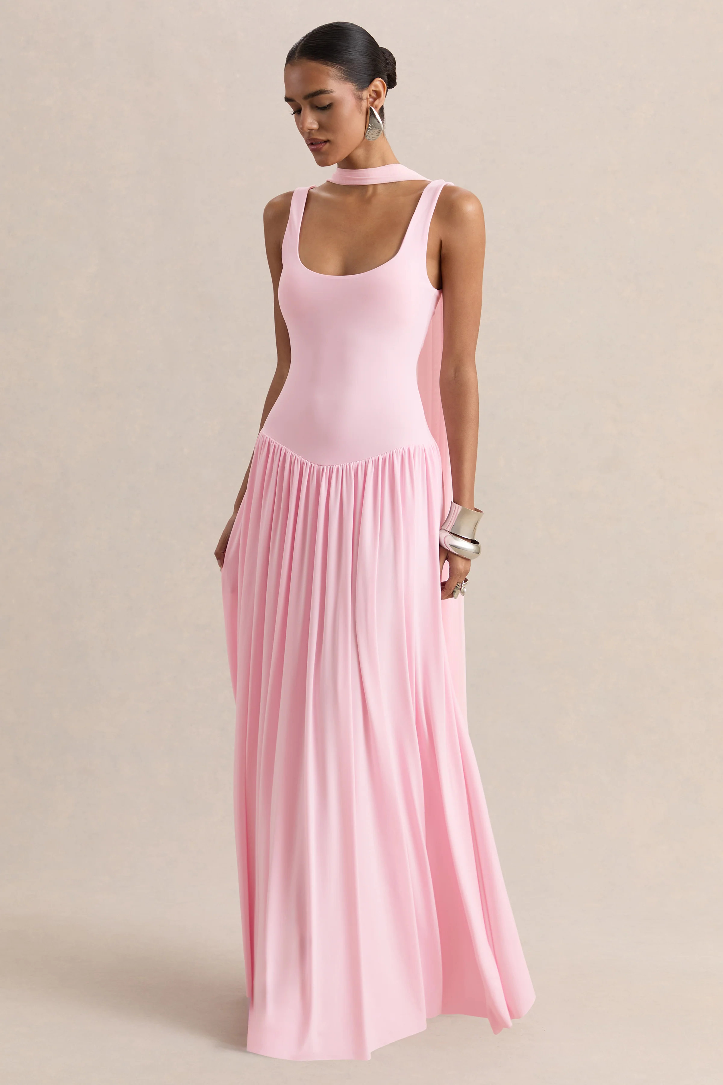 Aurina | Pink Square-Neck Maxi Dress With Scarf-Detail - Image 5