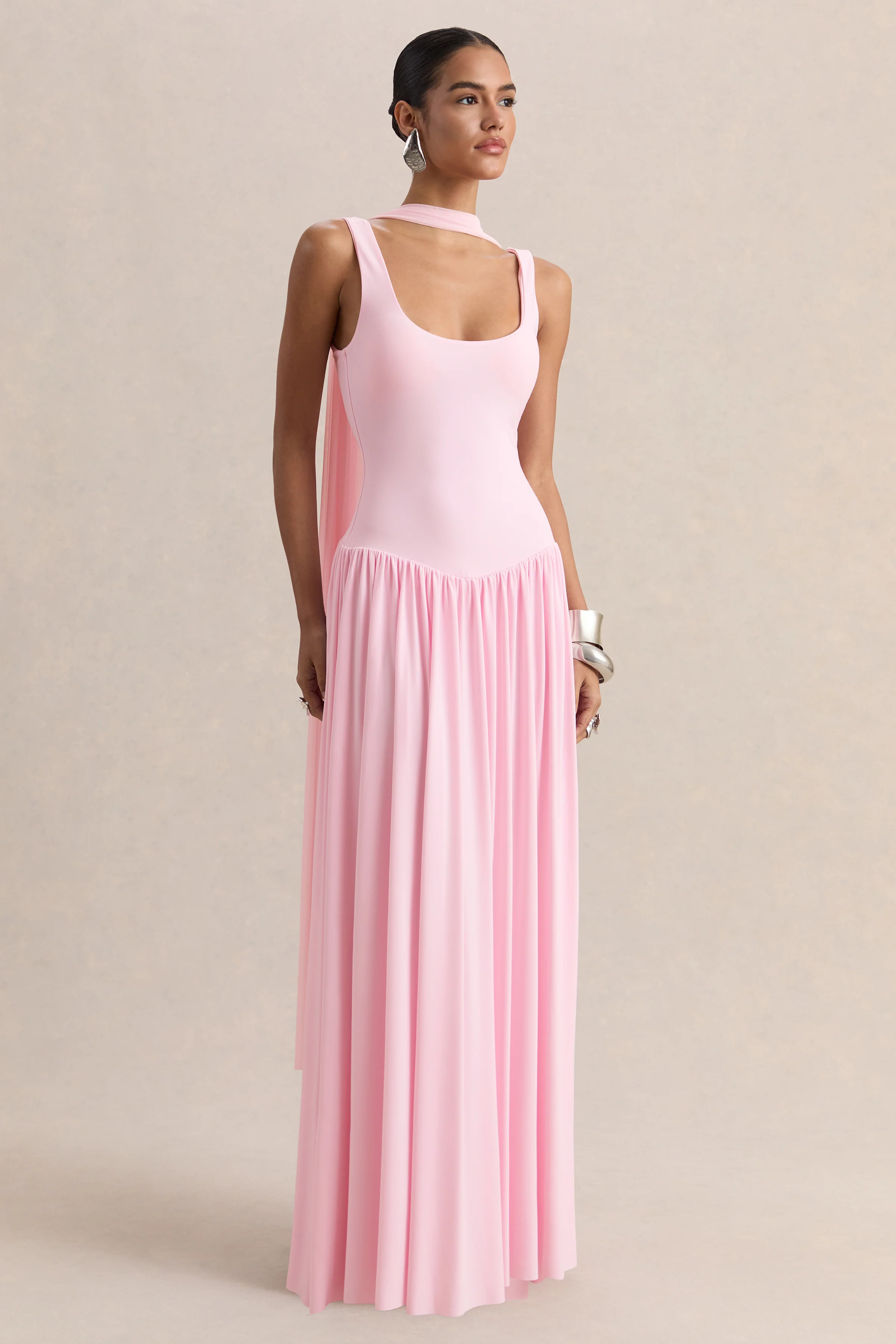 Aurina | Pink Square-Neck Maxi Dress With Scarf-Detail - Image 6