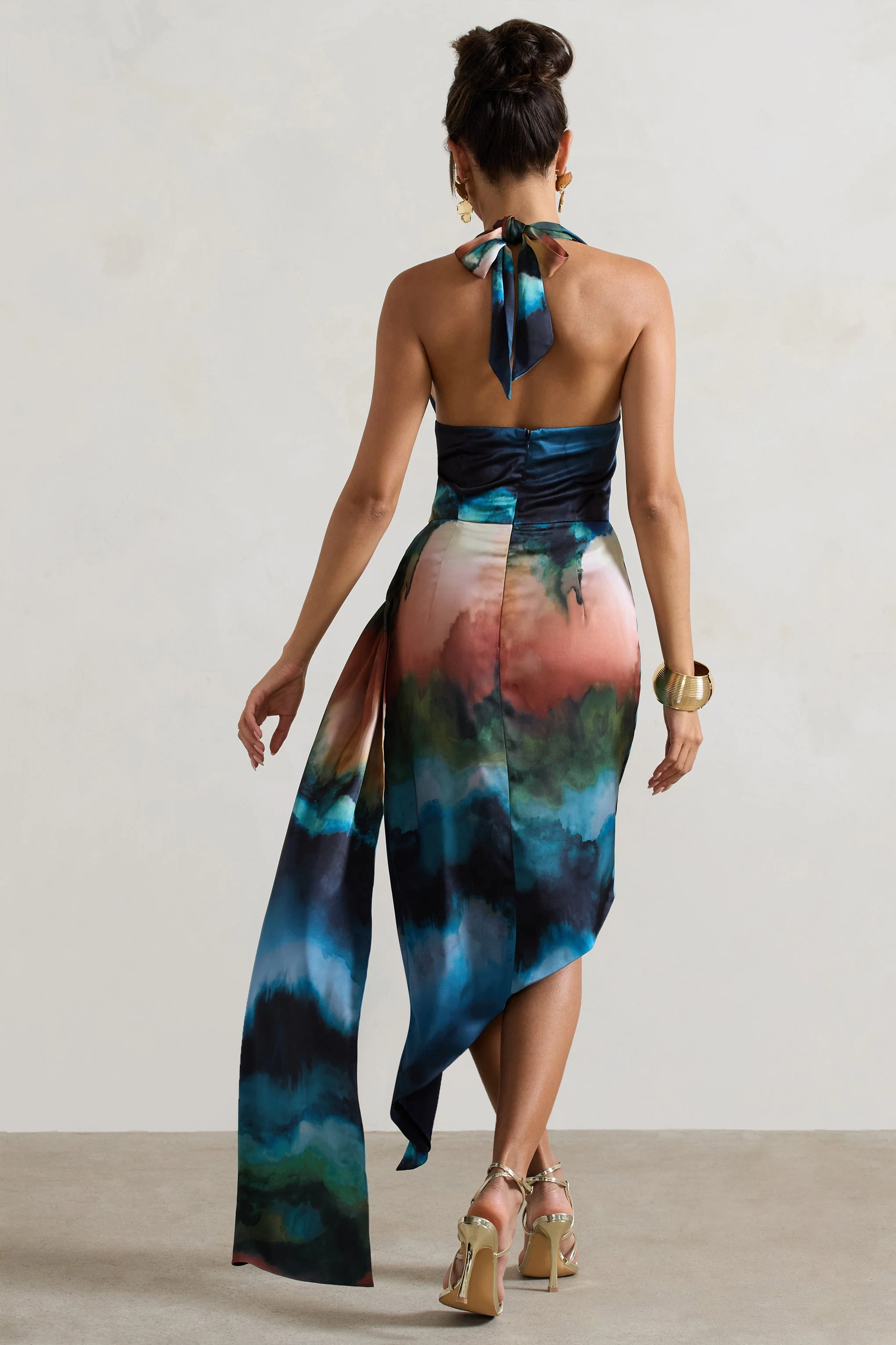 Bali | Blue Blur Print Satin Cowl-Neck Draped Midi Dress - Image 2