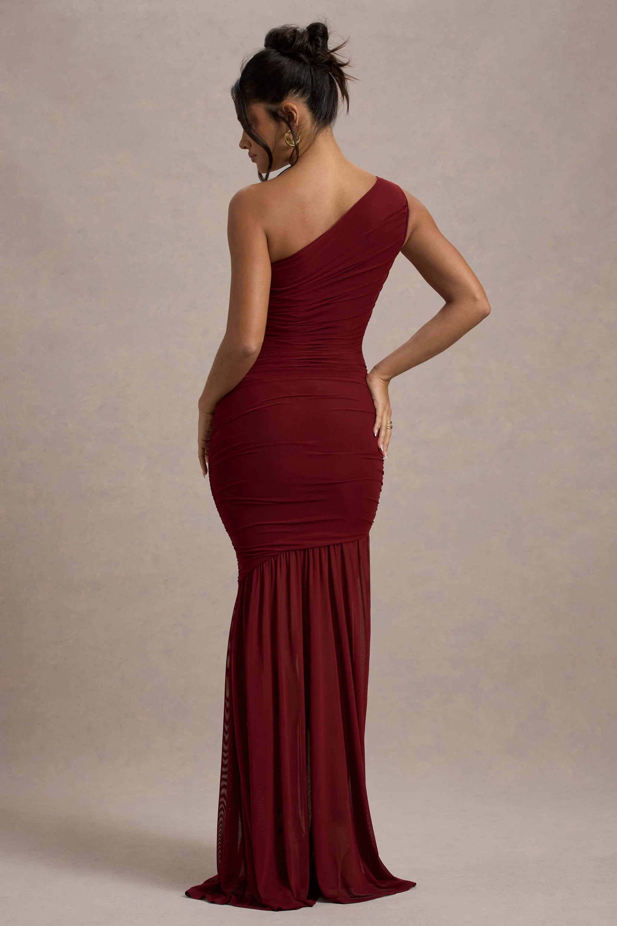 Bastia | Burgundy Ruched Mesh Asymmetric Maxi Dress - Image 2