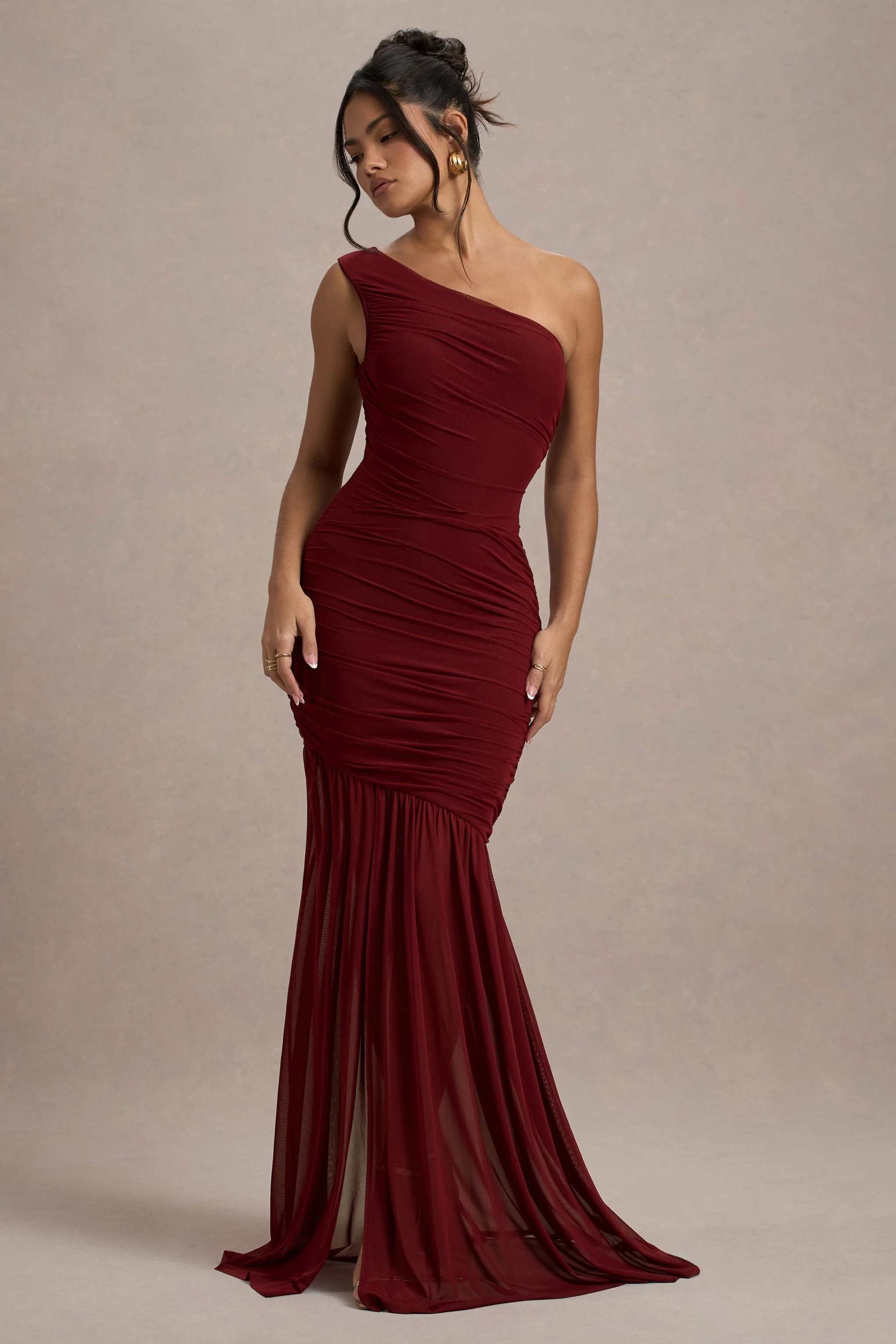 Bastia | Burgundy Ruched Mesh Asymmetric Maxi Dress - Image 4