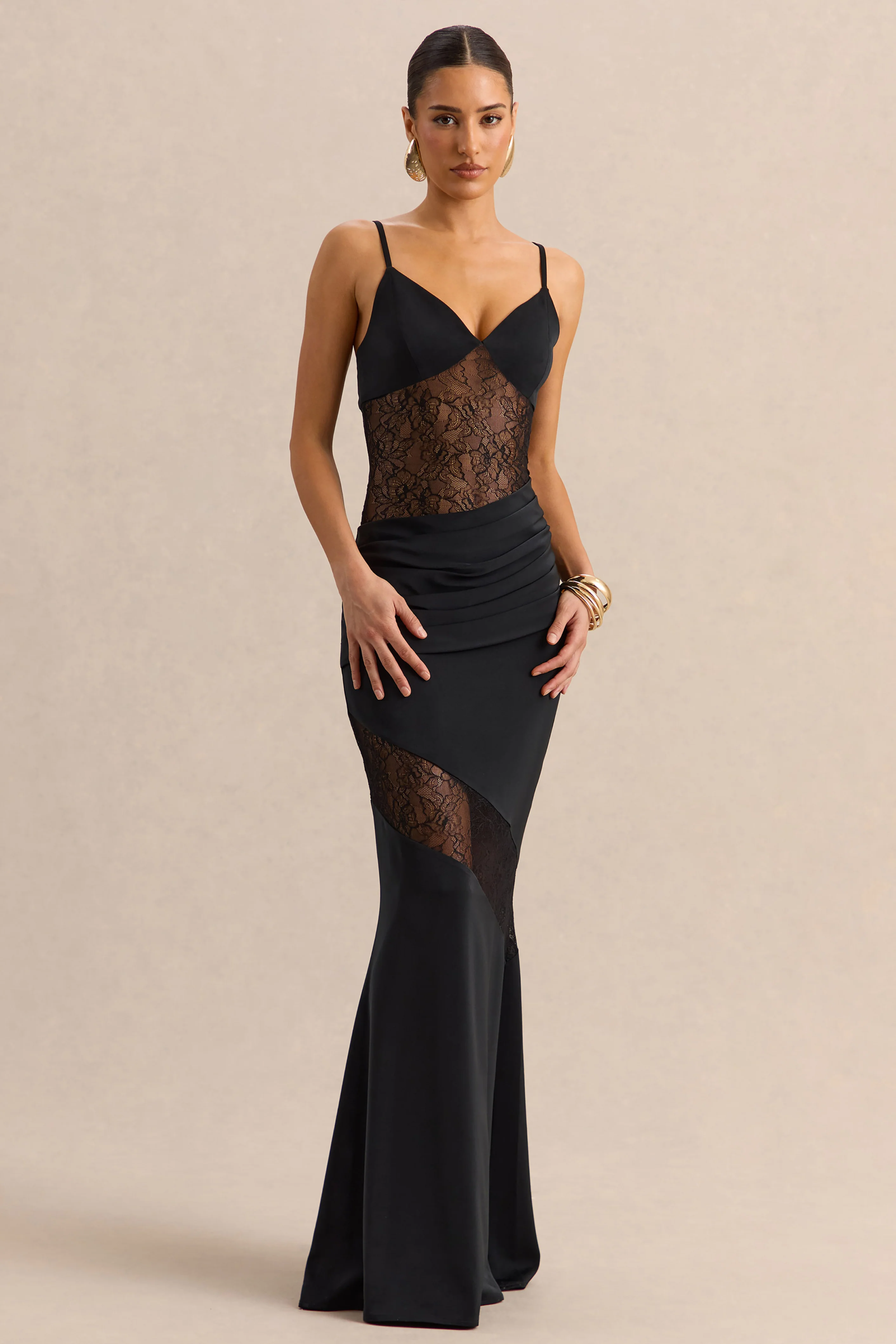 Belvair | Black Satin And Lace Maxi Dress With Draped-Detail