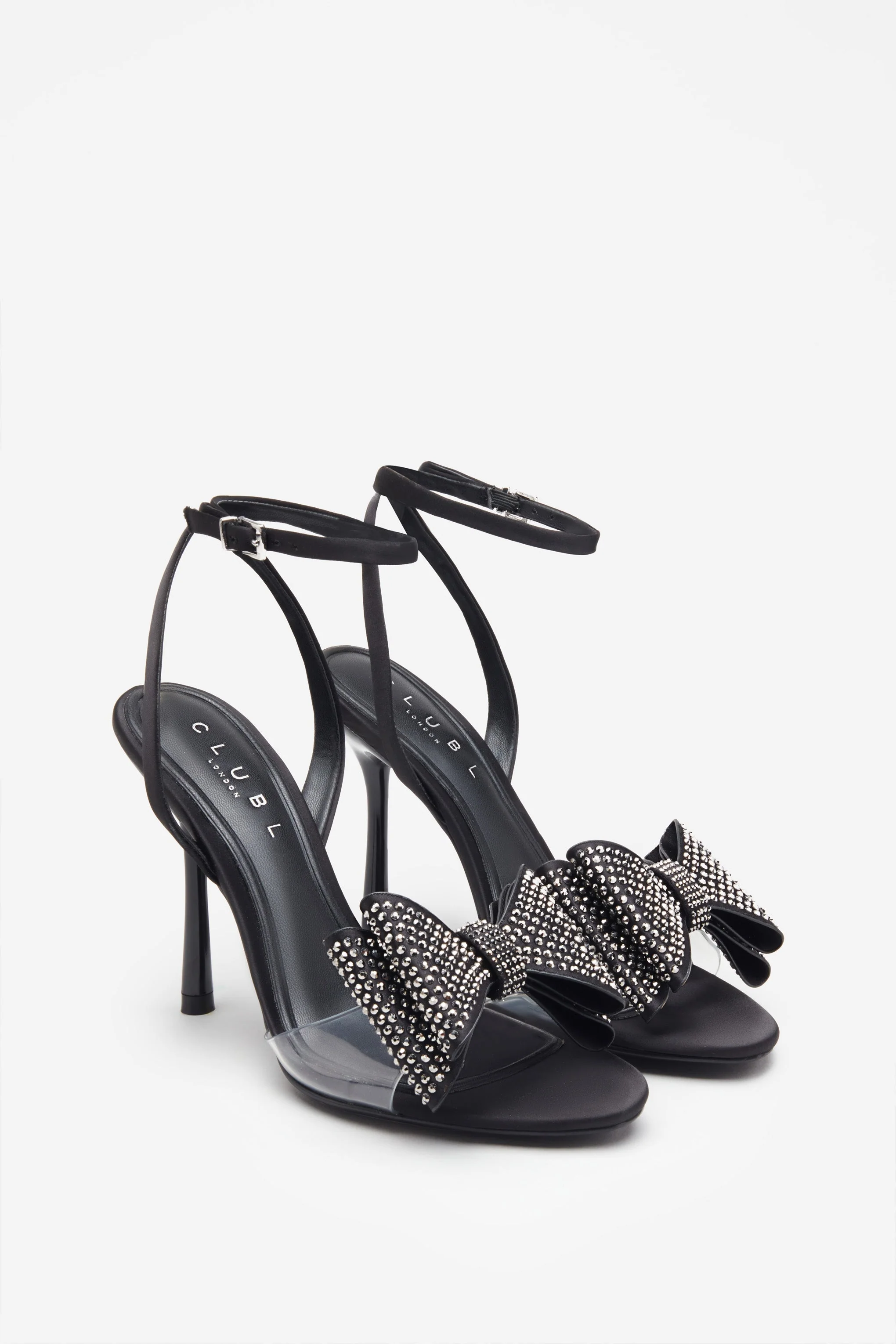 Bowing | Black Satin Heeled Sandals With Diamante Bows - Image 2