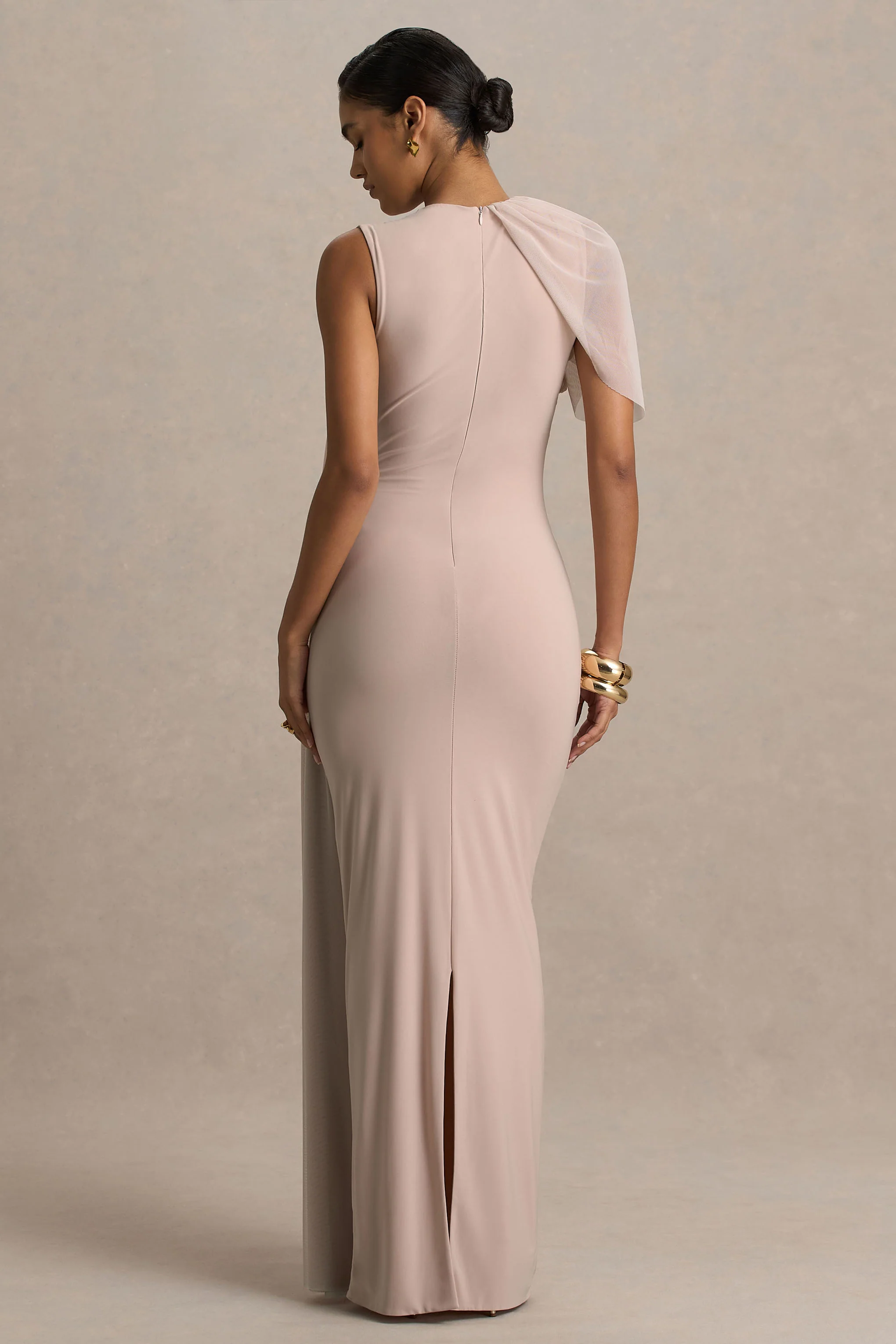Brenda | Champagne Crew-Neck Maxi Dress With Mesh Cape And Sash - Image 2