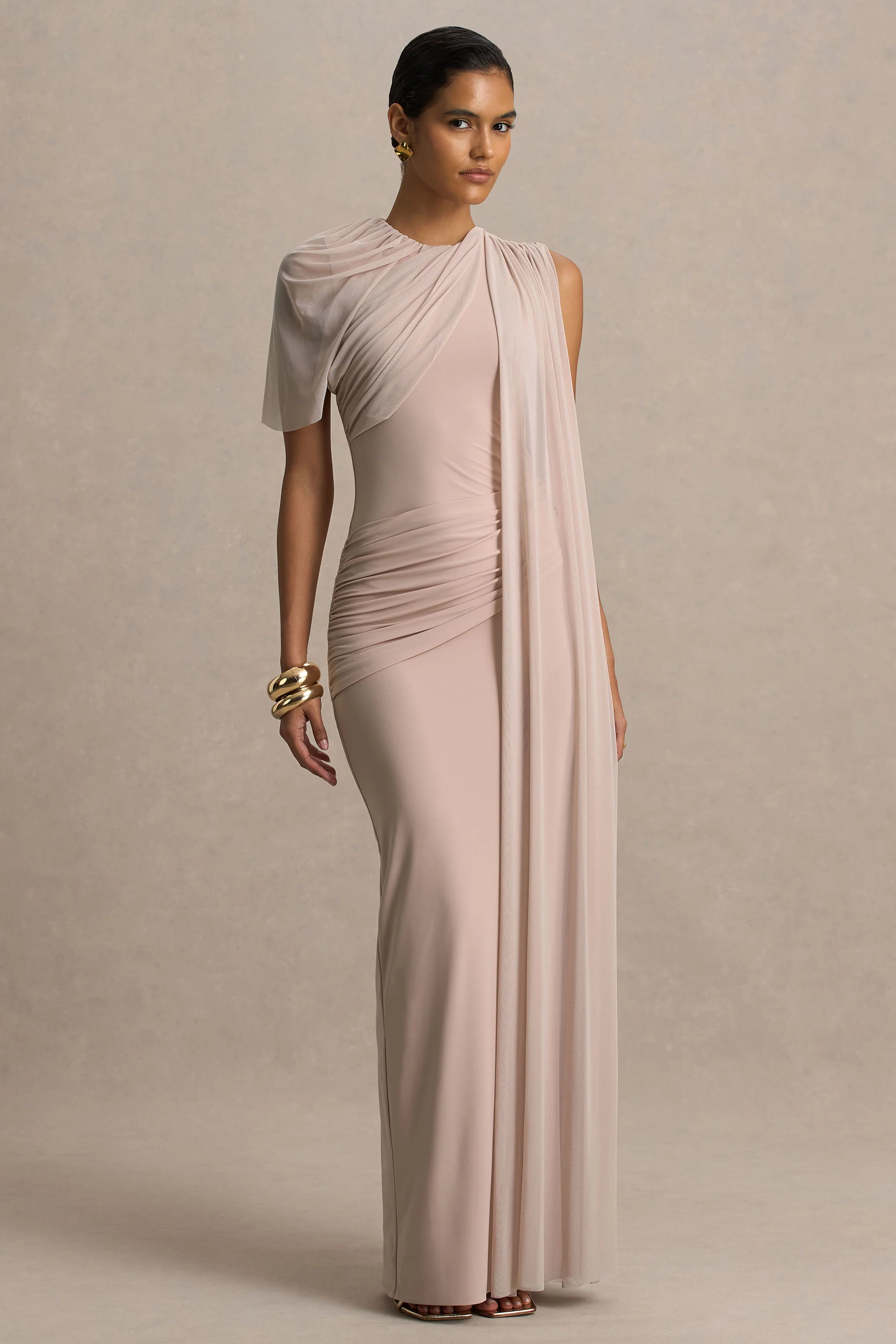 Brenda | Champagne Crew-Neck Maxi Dress With Mesh Cape And Sash - Image 3