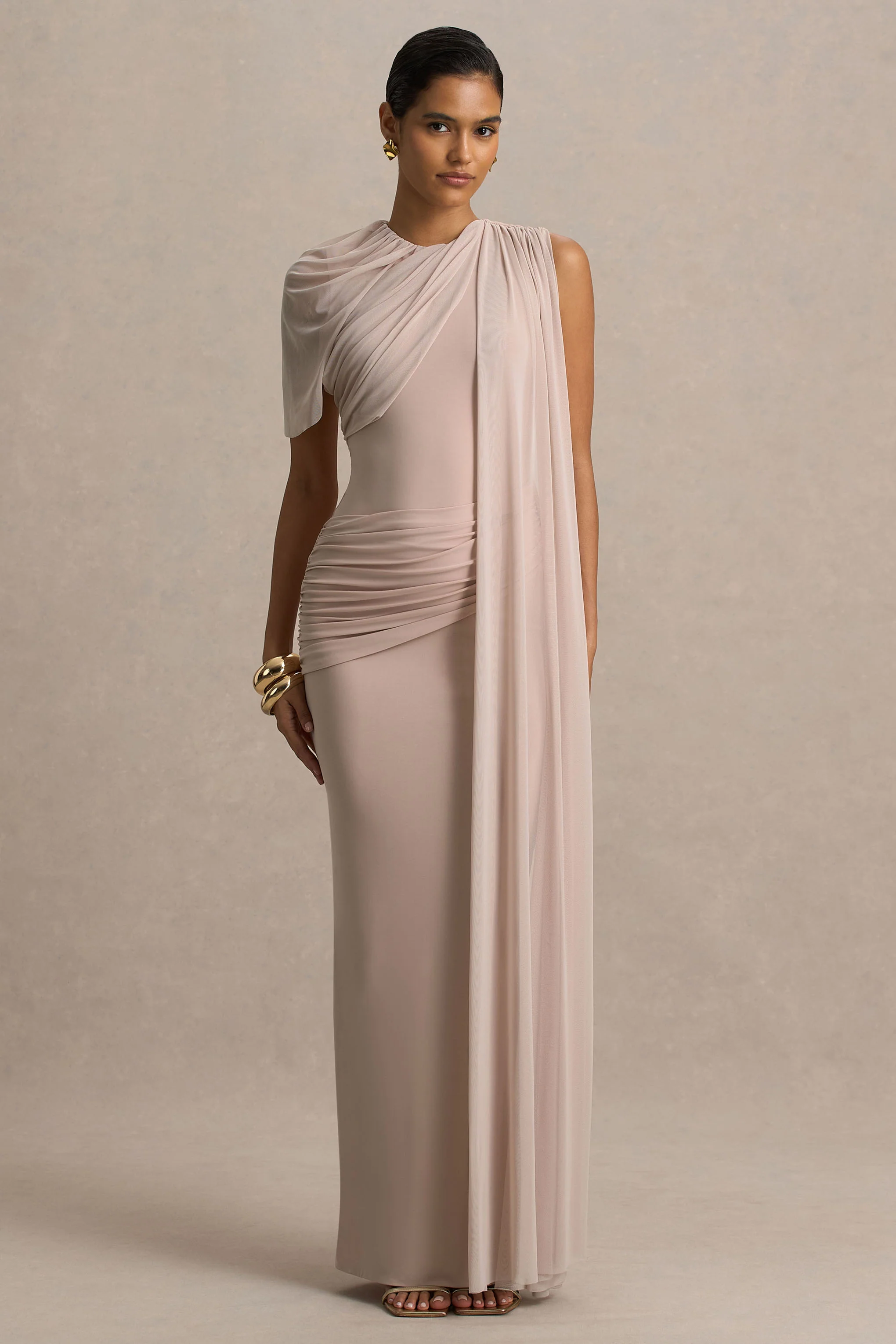 Brenda | Champagne Crew-Neck Maxi Dress With Mesh Cape And Sash - Image 5