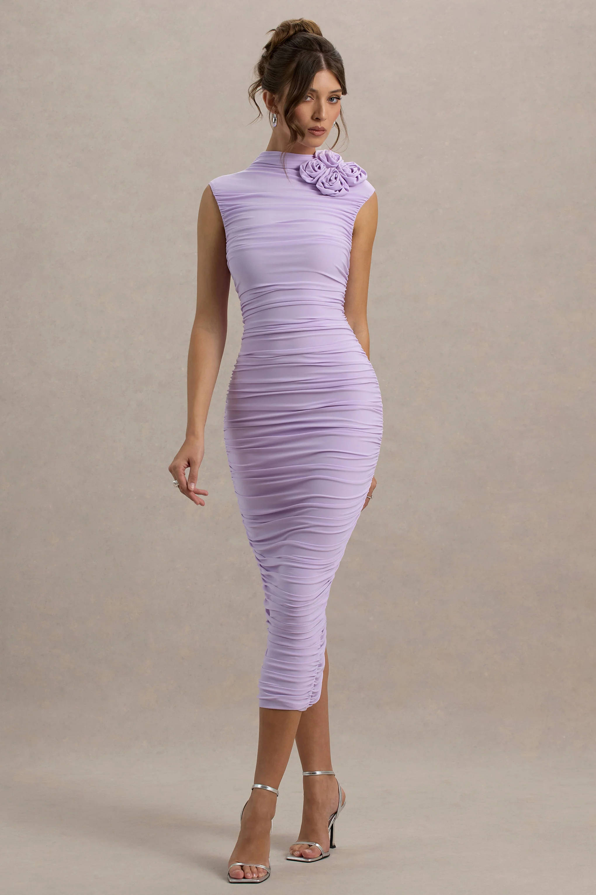 Bridget | Lilac High-Neck Gathered Midi Dress With Floral Detail - Image 4