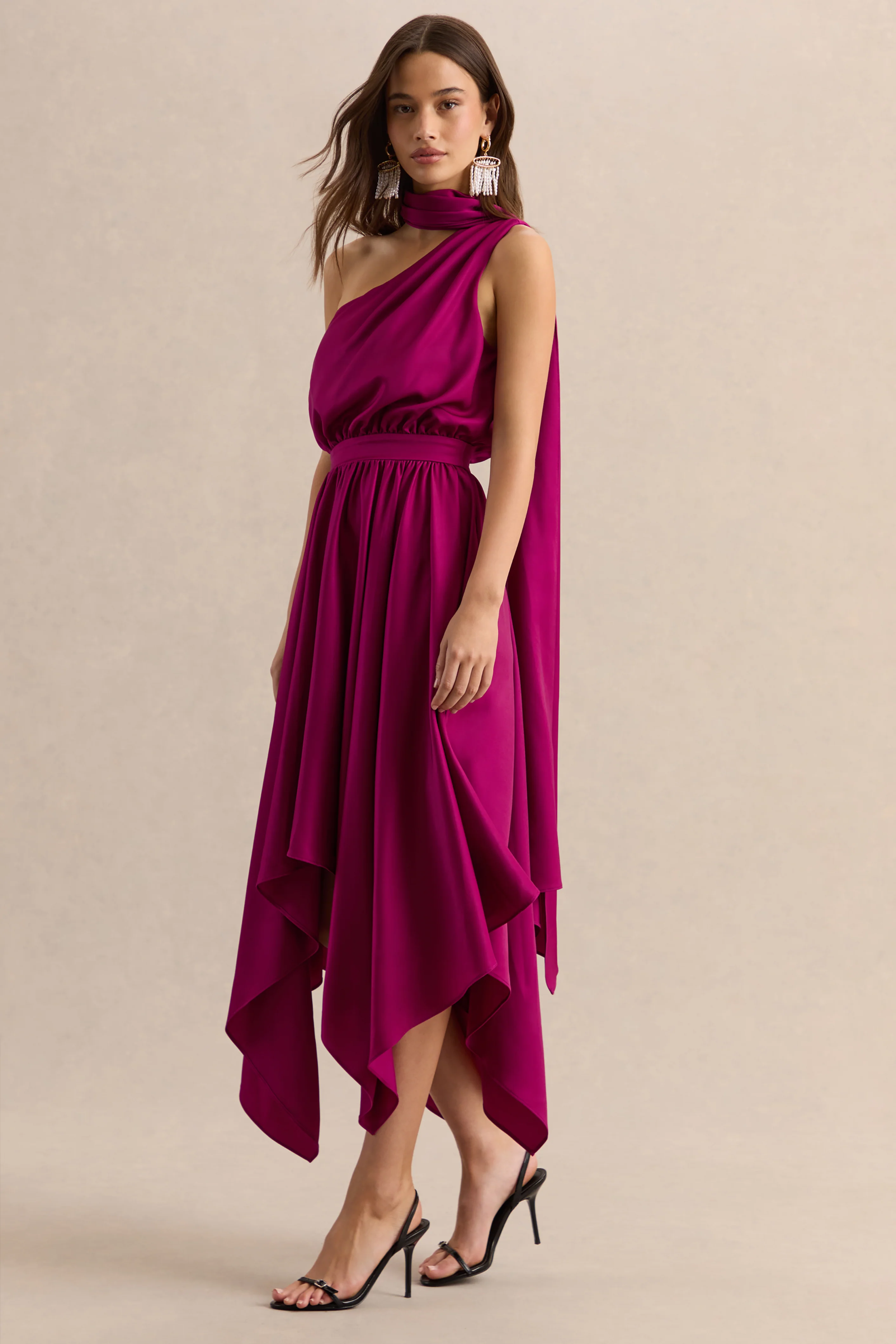 Caluna | Hot Pink Satin Asymmetric-Neck Midi Dress With Scarf-Detail - Image 4