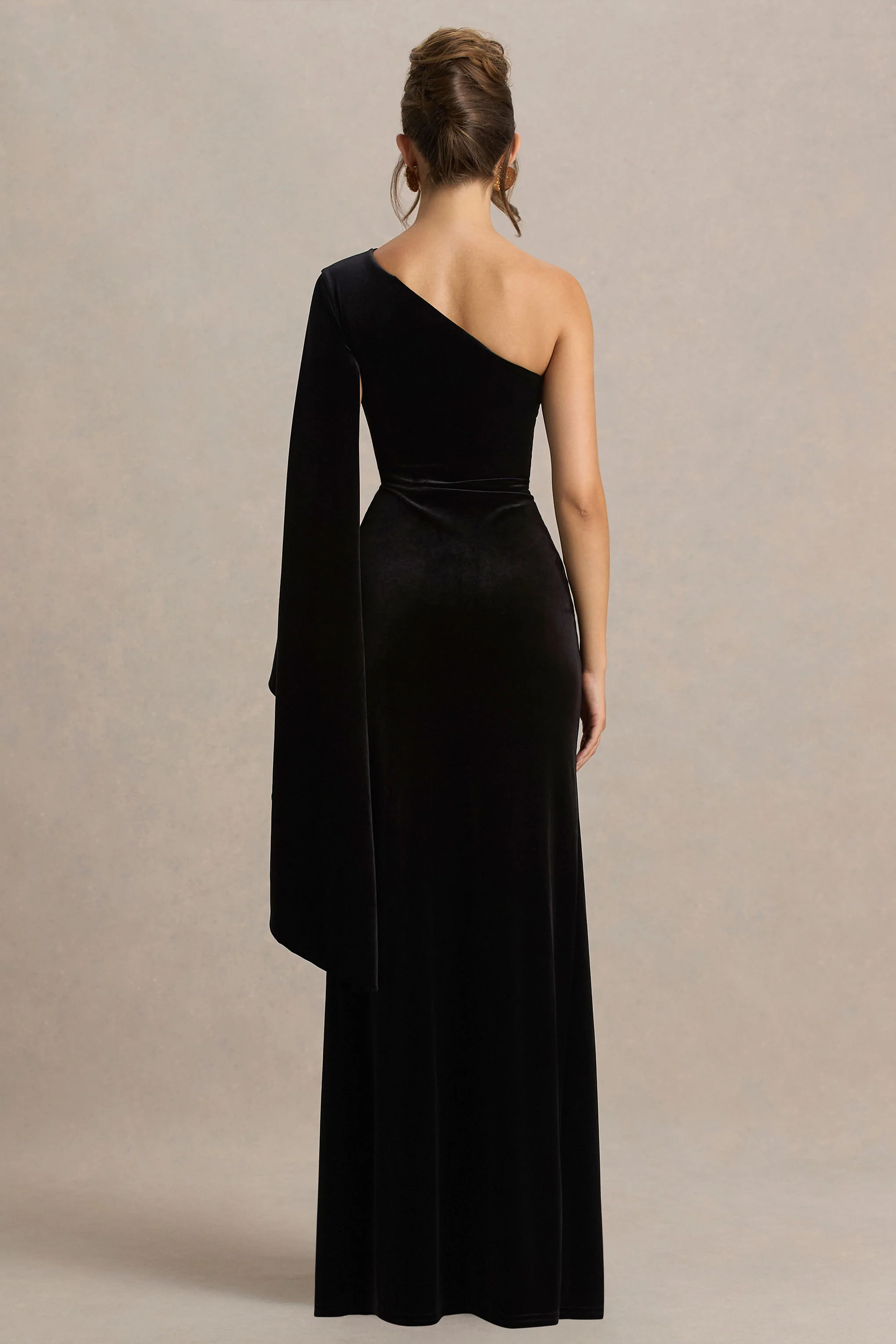 Camilla | Black Velvet Asymmetric-Neck Maxi Dress With Ruched Detailing - Image 2