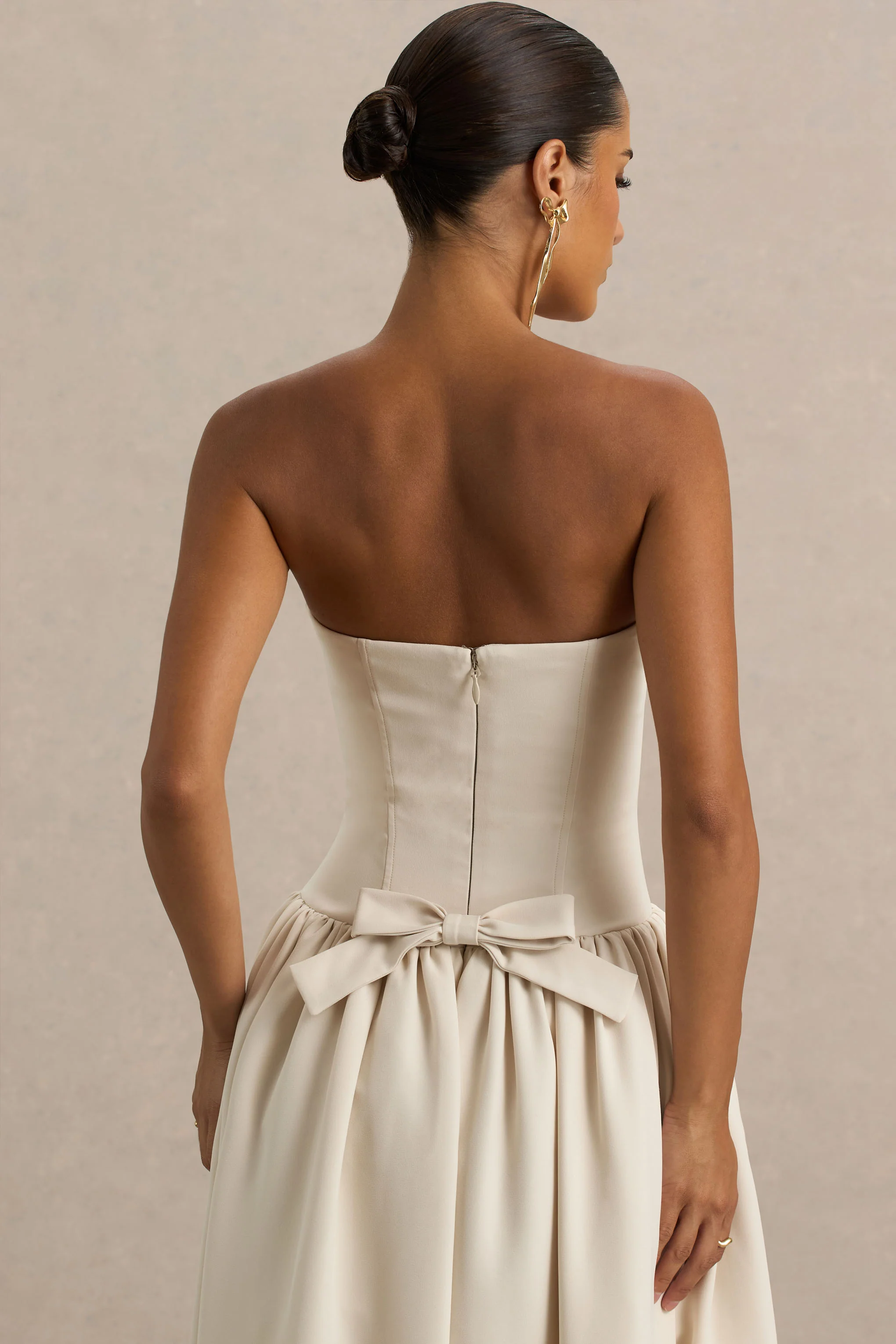 Candice | Cream Bandeau Volume Midi Dress With Back Bow Detail - Image 11