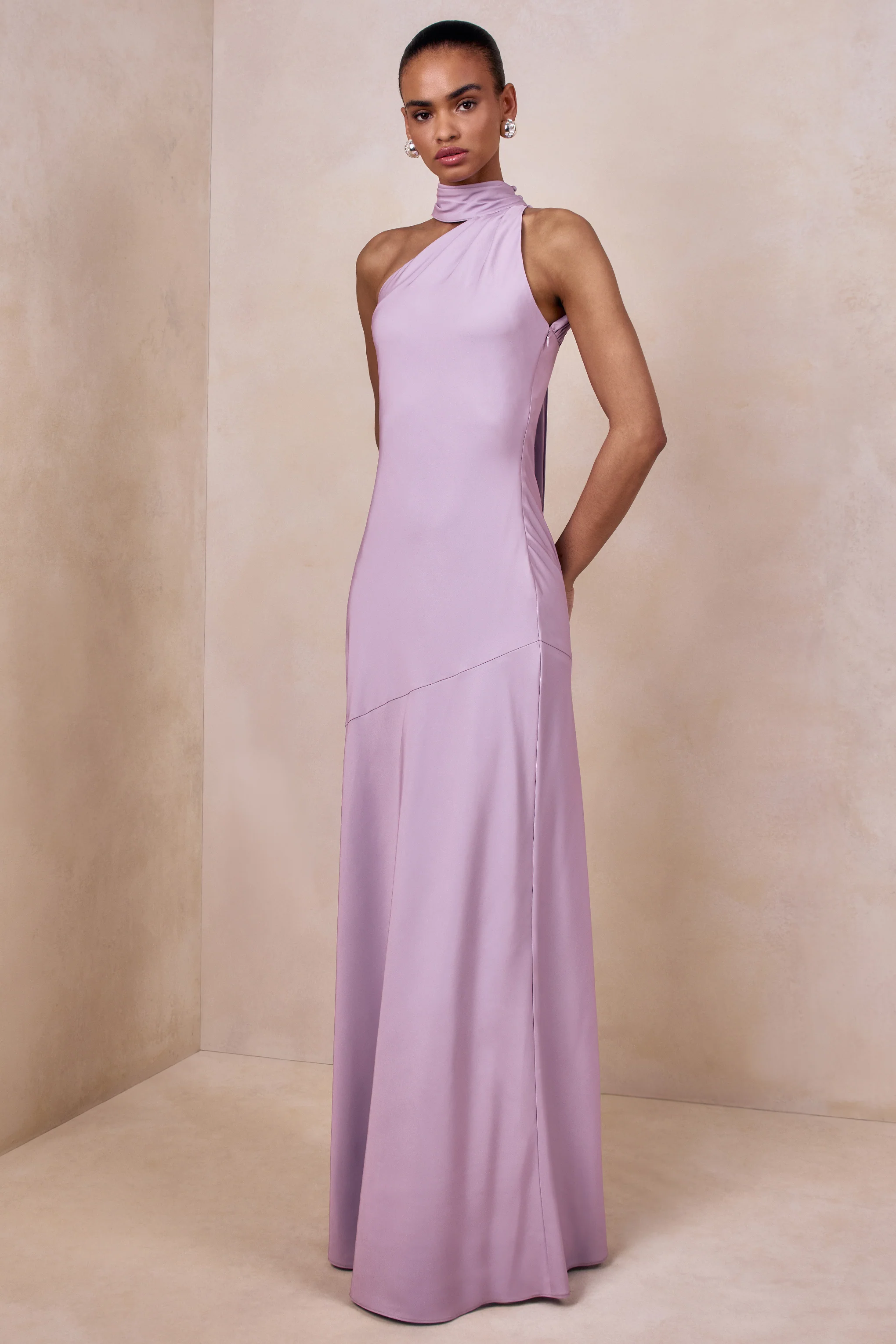 Cara | Lilac Matte Satin High-Neck Maxi Dress - Image 5