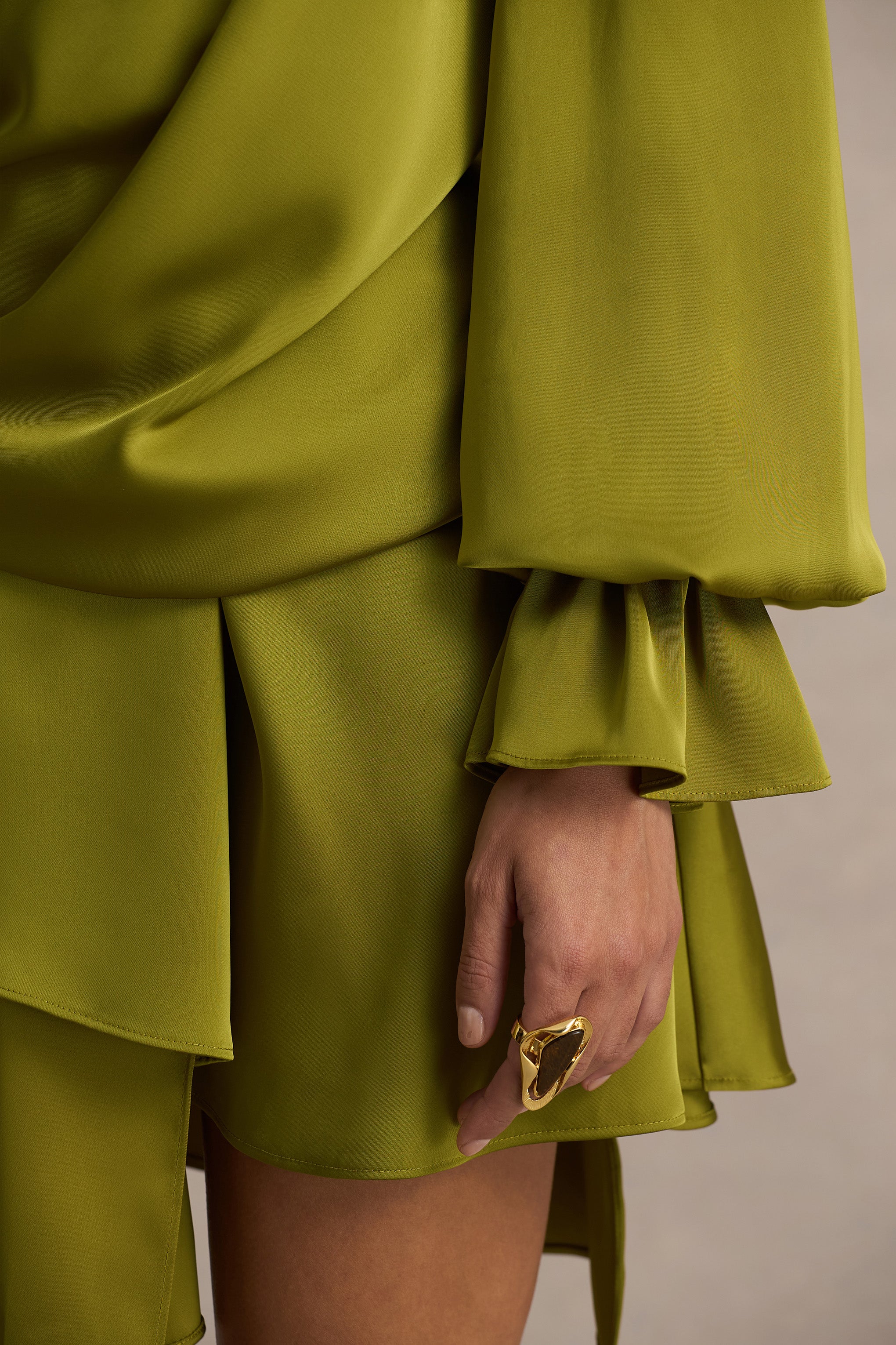 Cara | Olive Satin Plunge-Neck Micro-Mini Dress With Long Sleeve - Image 6